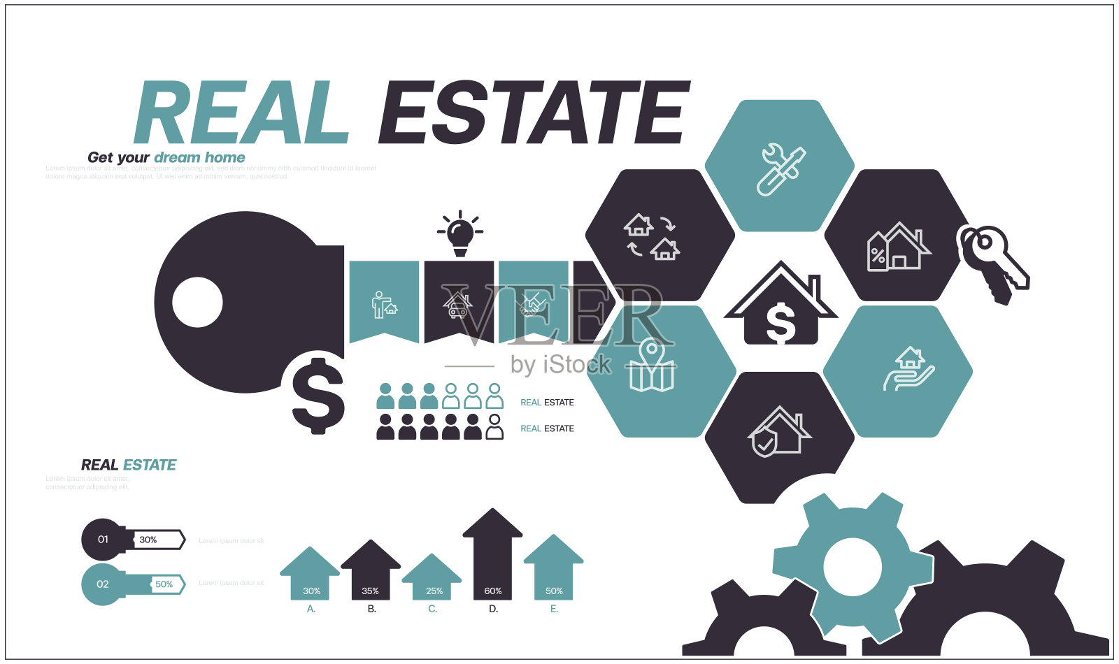 房地产信息图设计模板可用于工作流程布局，图表，年度报告，网页设计。最小的设计。创意旗帜，商业，房地产，房地产代理，房地产办公室，房屋所有权设计模板素材