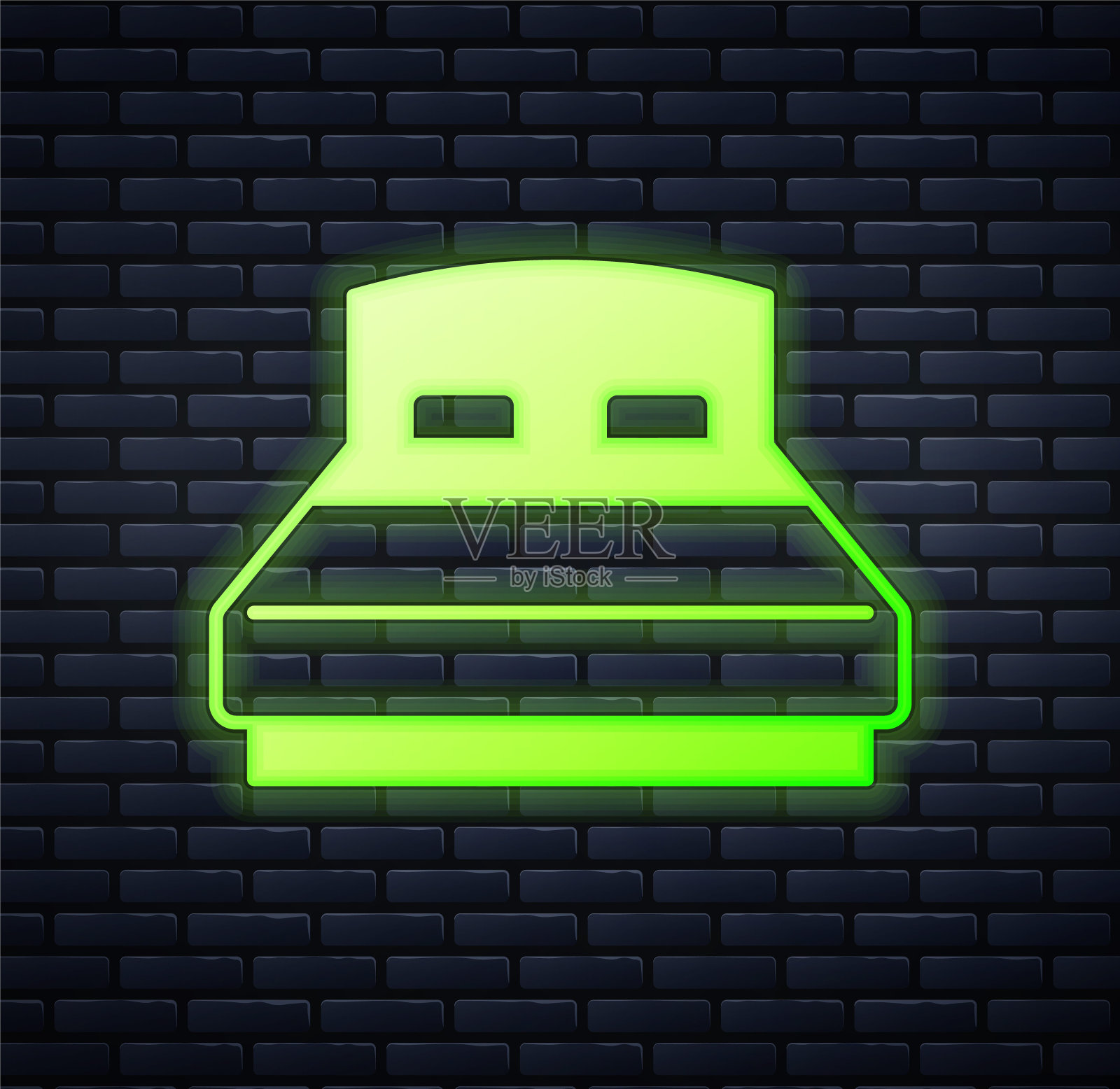 发光的霓虹灯大床为两人或一人的图标隔离在砖墙背景。向量插画图片素材