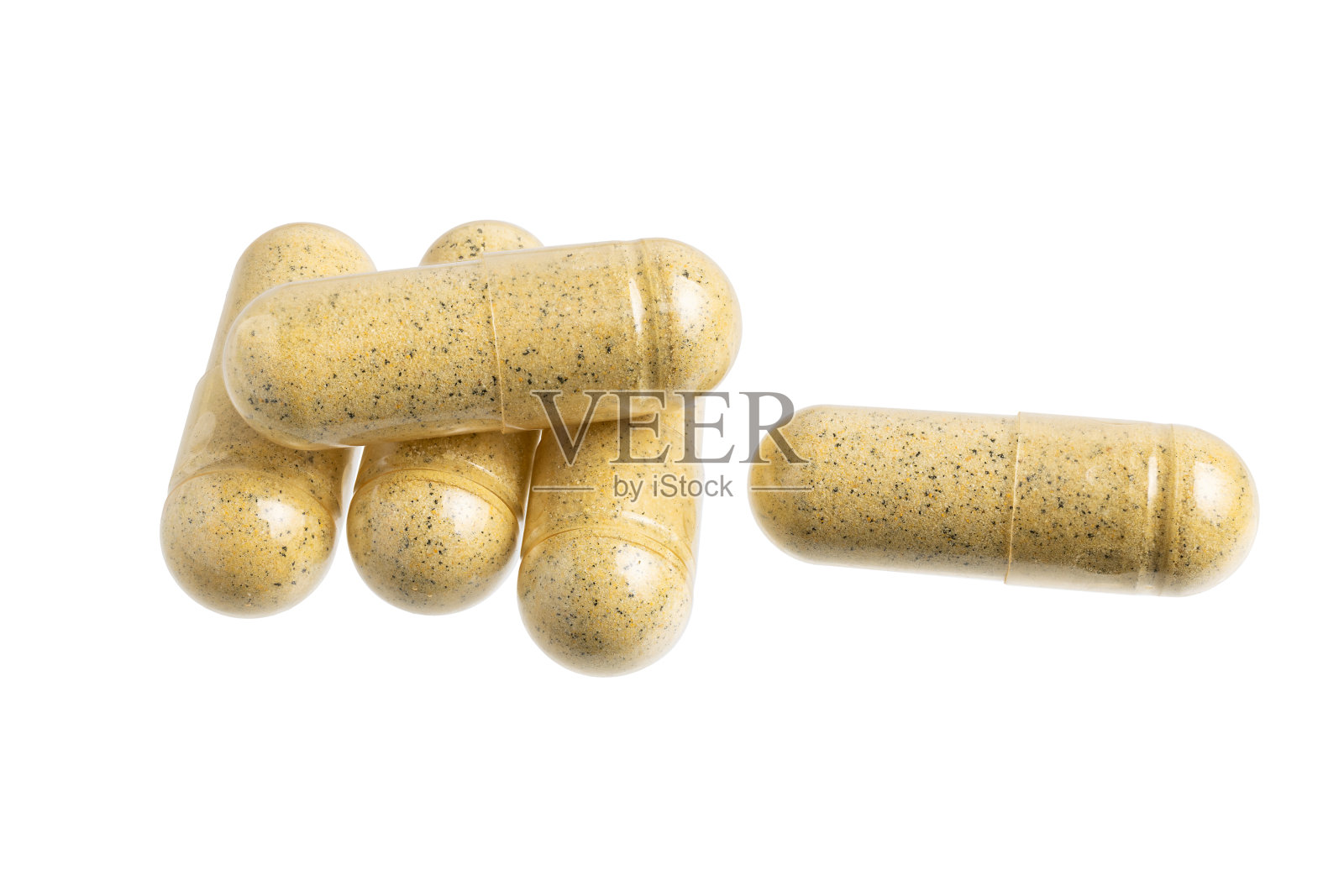 黄色凝胶医疗胶囊，维生素草药补充剂组，药丸或治疗药物，白色背景隔离，医学和保健概念照片摄影图片