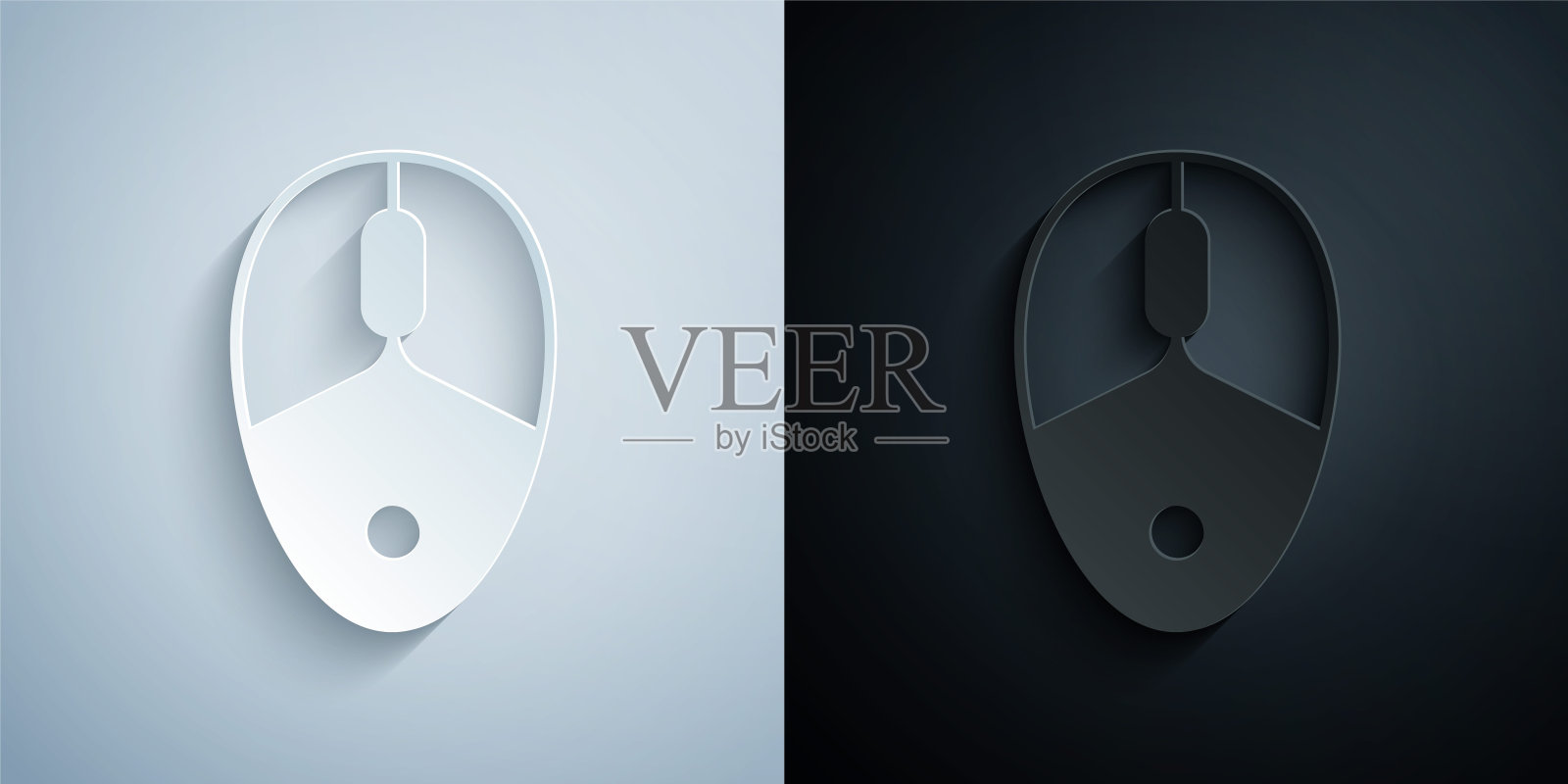 剪纸电脑鼠标游戏图标孤立在灰色和黑色的背景。光学轮符号。纸艺术风格。向量插画图片素材