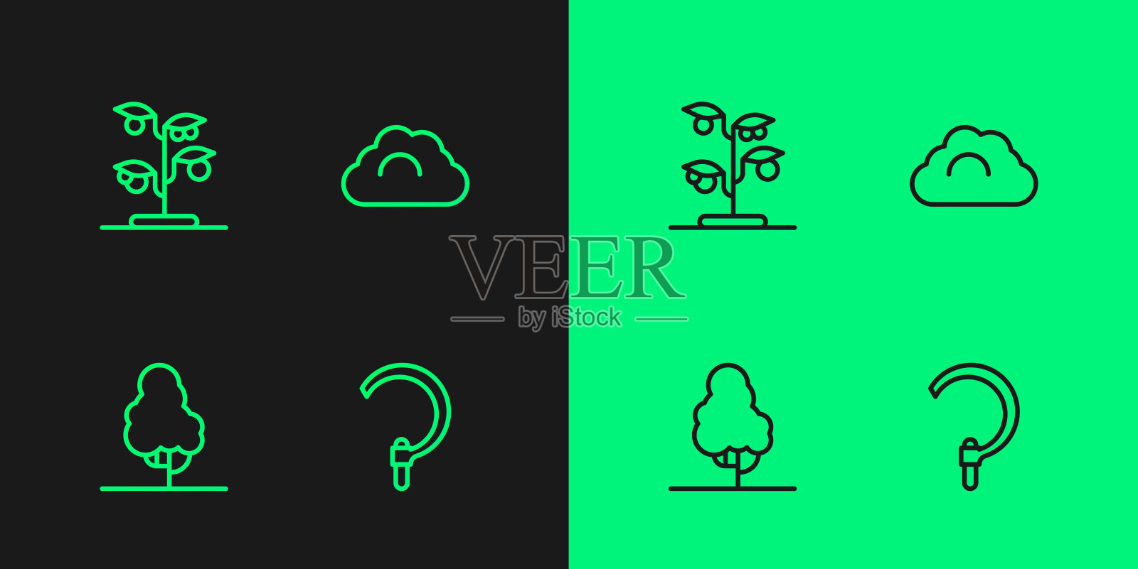 设置线镰刀，果树，芽和多云的天气图标。向量插画图片素材