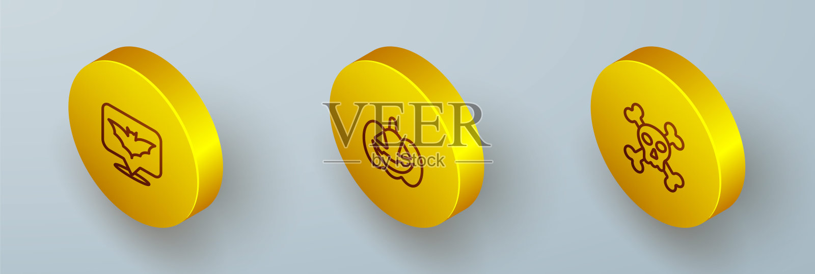 在交叉骨图标上设置等距线飞行蝙蝠，南瓜和骷髅。向量设计元素图片