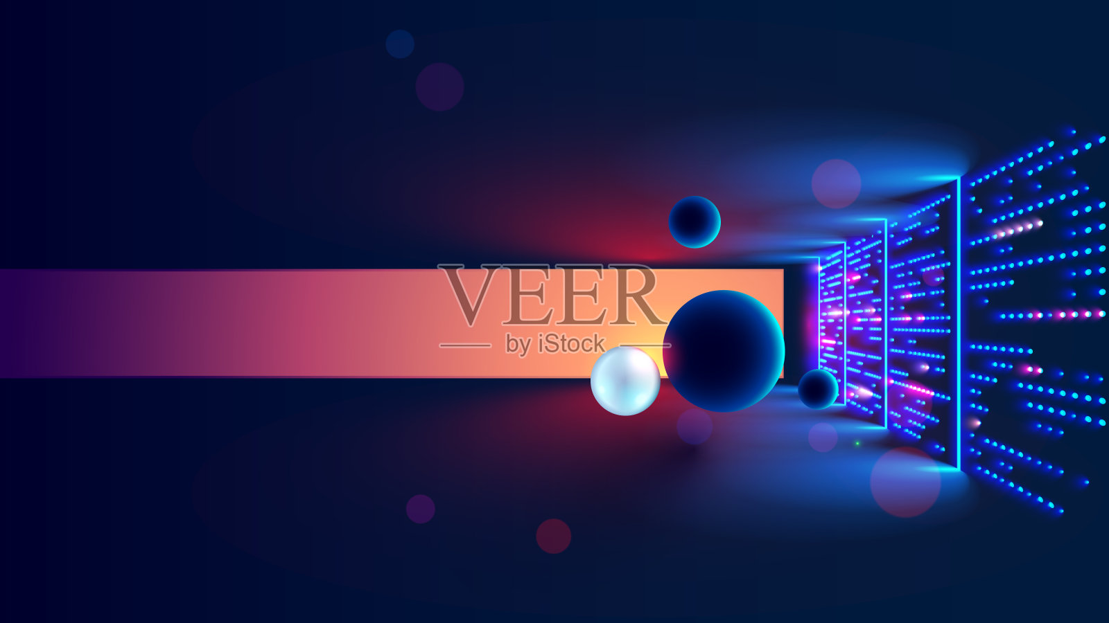 数据中心或云存储的概念。摘要:数据中心服务器室内部设计。带有数字电子设备的未来空间。悬挂在数字空间地板上的数据球体。插画图片素材