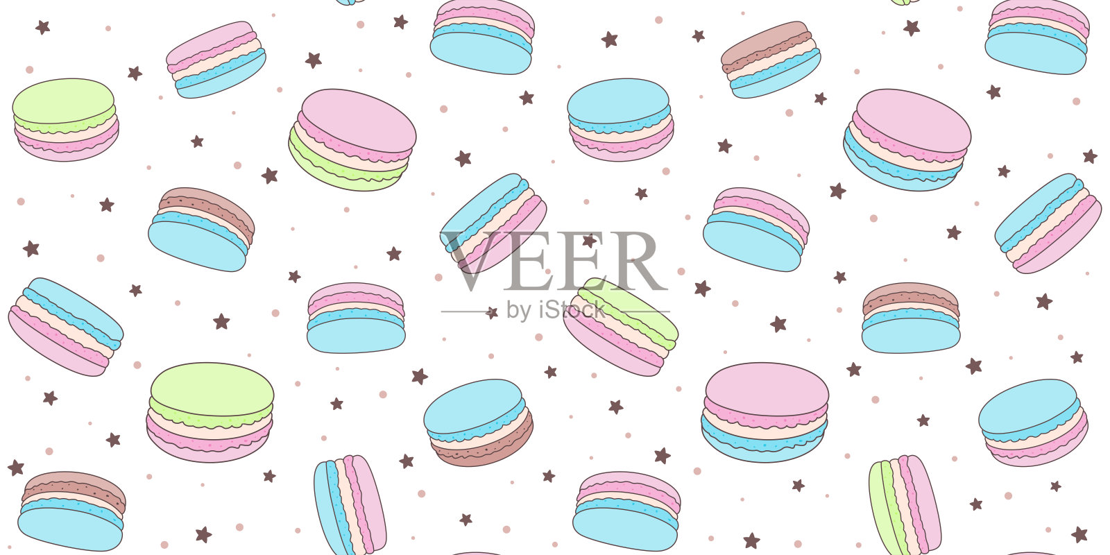 无缝模式与彩色蛋白杏仁饼在白色背景与棕色星星和点插画图片素材