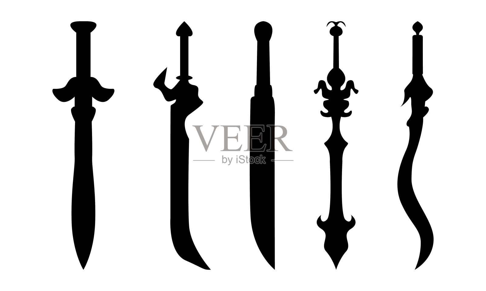 一套匕首在黑色剪影在复古风格设计元素图片