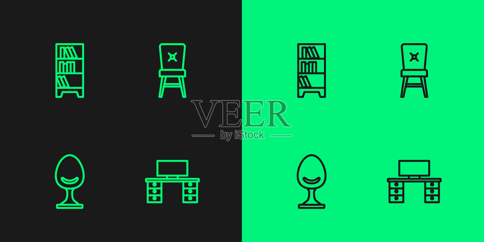 设置线办公桌，扶手椅，图书馆书架和椅子图标。向量插画图片素材