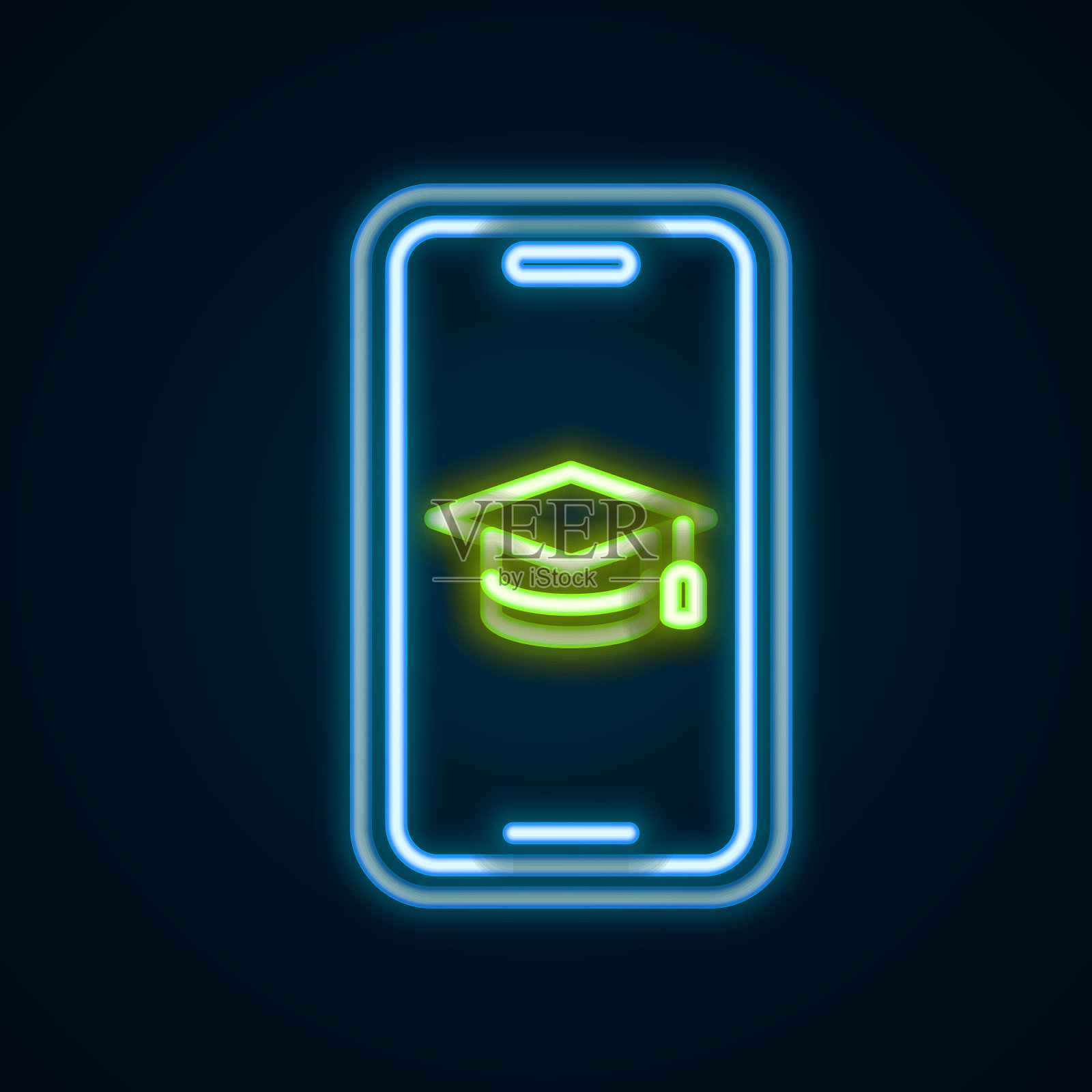 发光的霓虹灯线毕业帽屏幕上的智能手机图标隔离在黑色背景。在线学习或电子学习的概念。彩色轮廓概念。向量插画图片素材