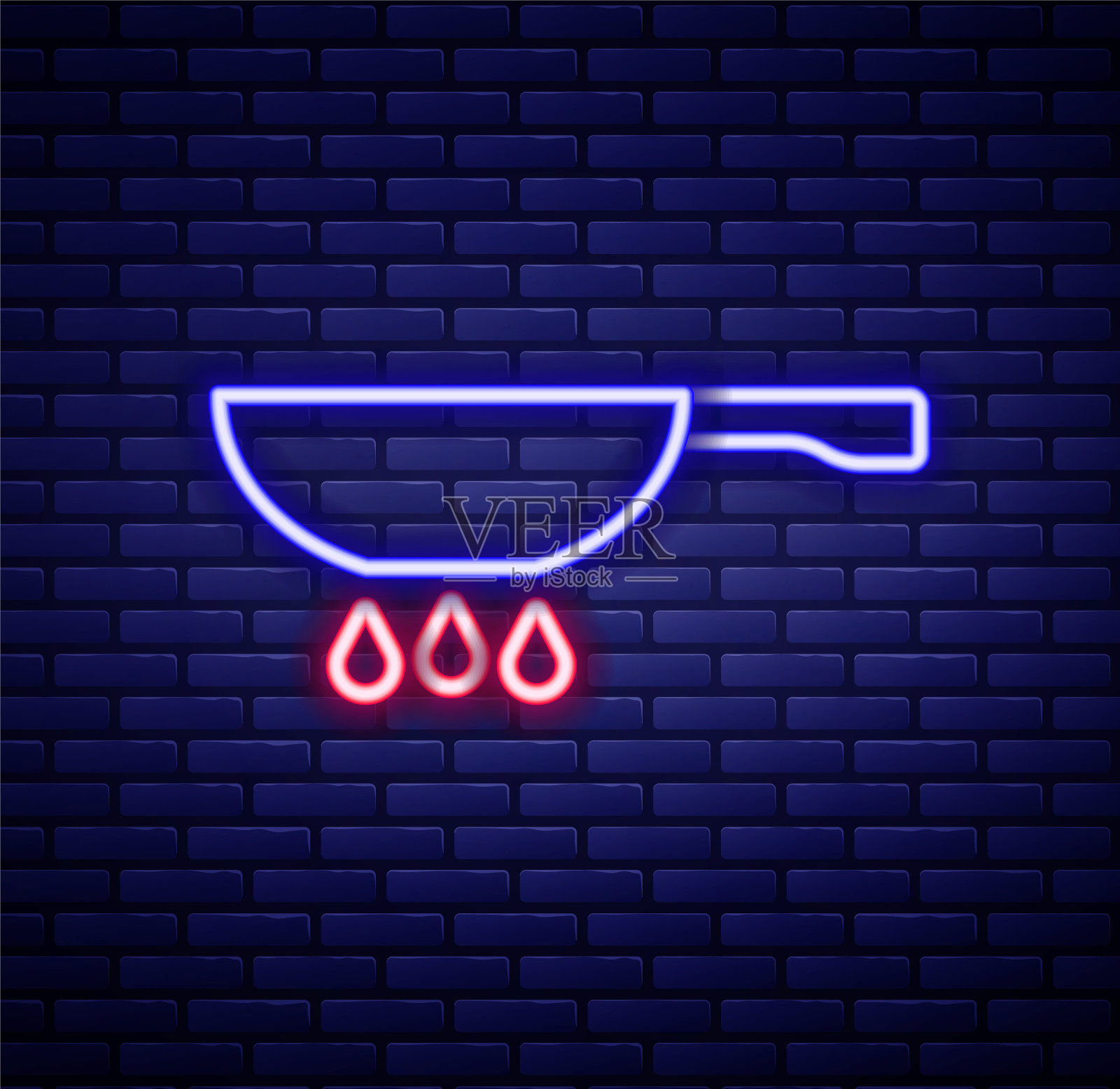 发光的霓虹灯线煎锅着火图标隔离在砖墙背景。油炸或烘烤食物的象征。彩色轮廓概念。向量插画图片素材