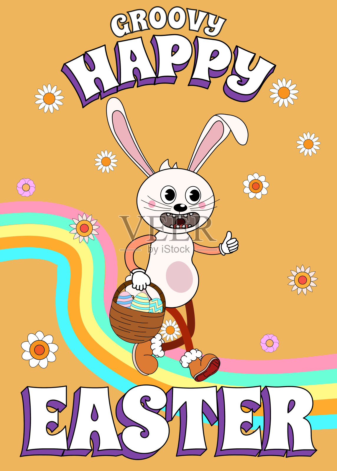 复古快乐复活节海报流行复活节Groovy 1970风格的兔子，花，鸡蛋，彩虹插画图片素材