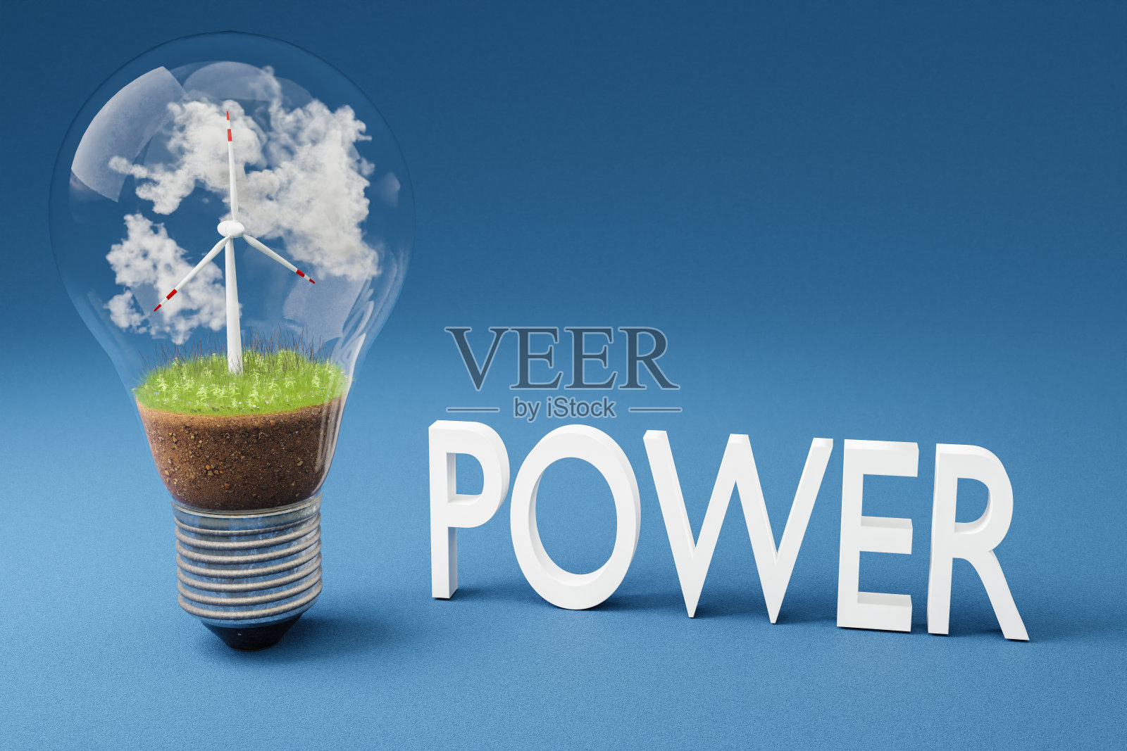 单灯泡内装有小型风力涡轮机;绿色的土壤和云;可再生清洁能源概念;三维演示照片摄影图片