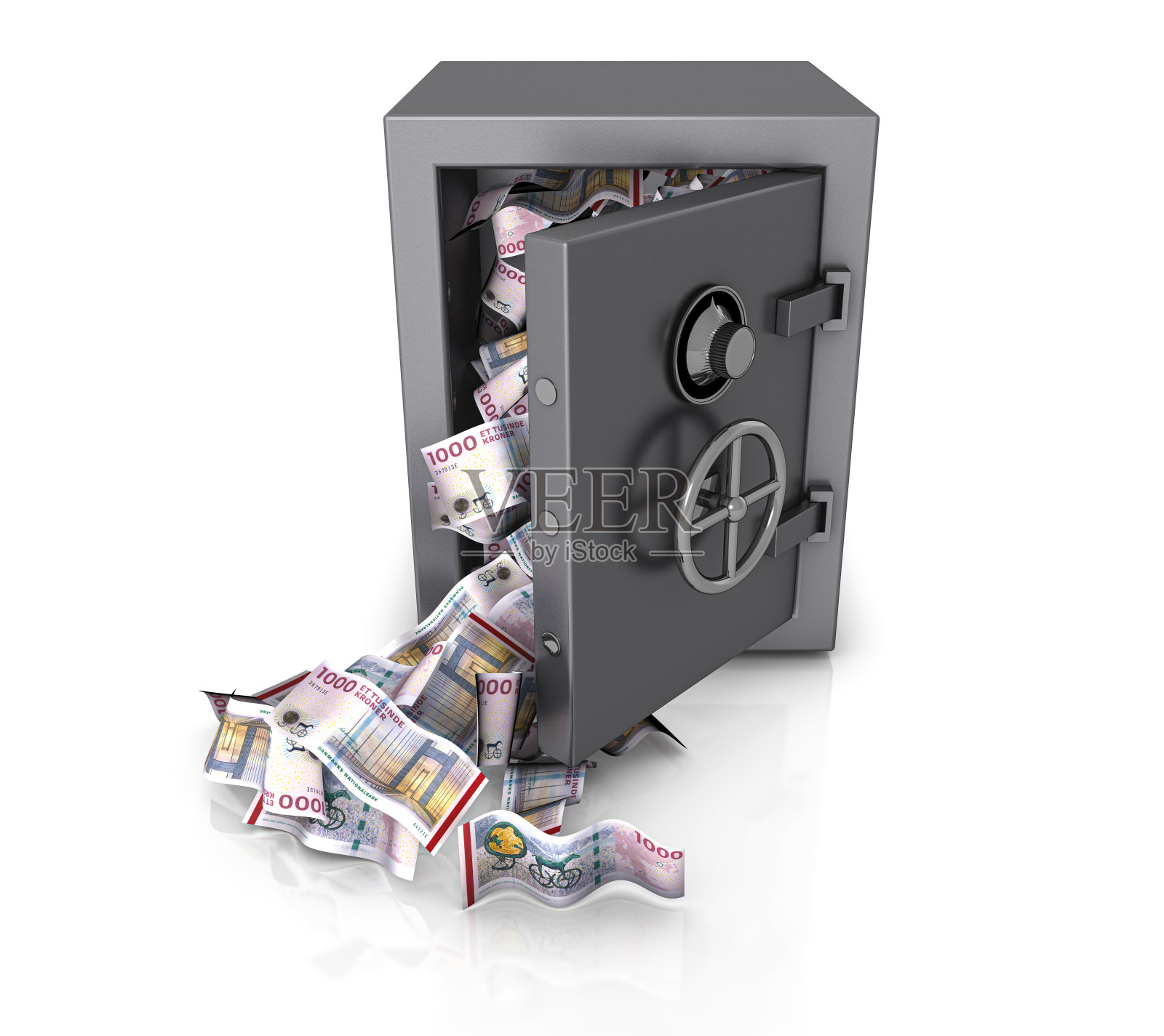 保险箱满丹麦克朗包在白色背景照片摄影图片