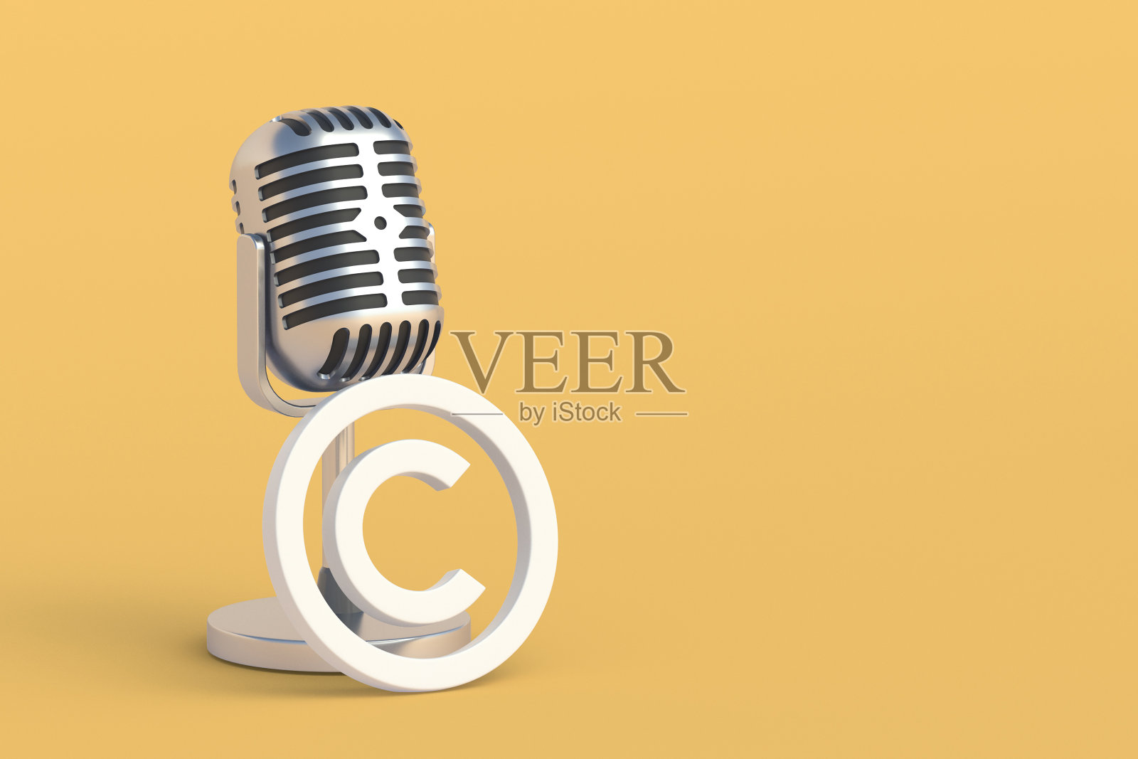 麦克风附近有版权标志。知识产权概念。音乐或歌曲的版权副本的空间。三维渲染照片摄影图片