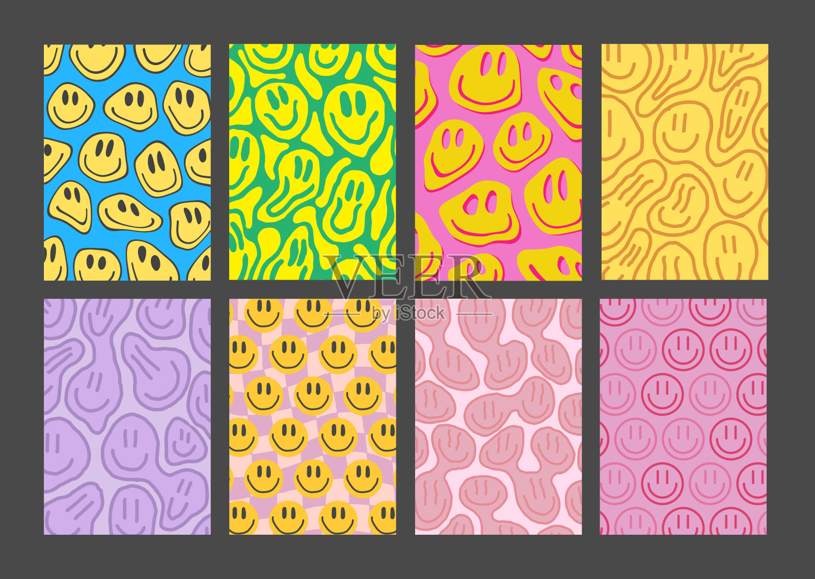 一套时髦的微笑模式。千年虫海报的收集。复古复古波普艺术背景。插画图片素材