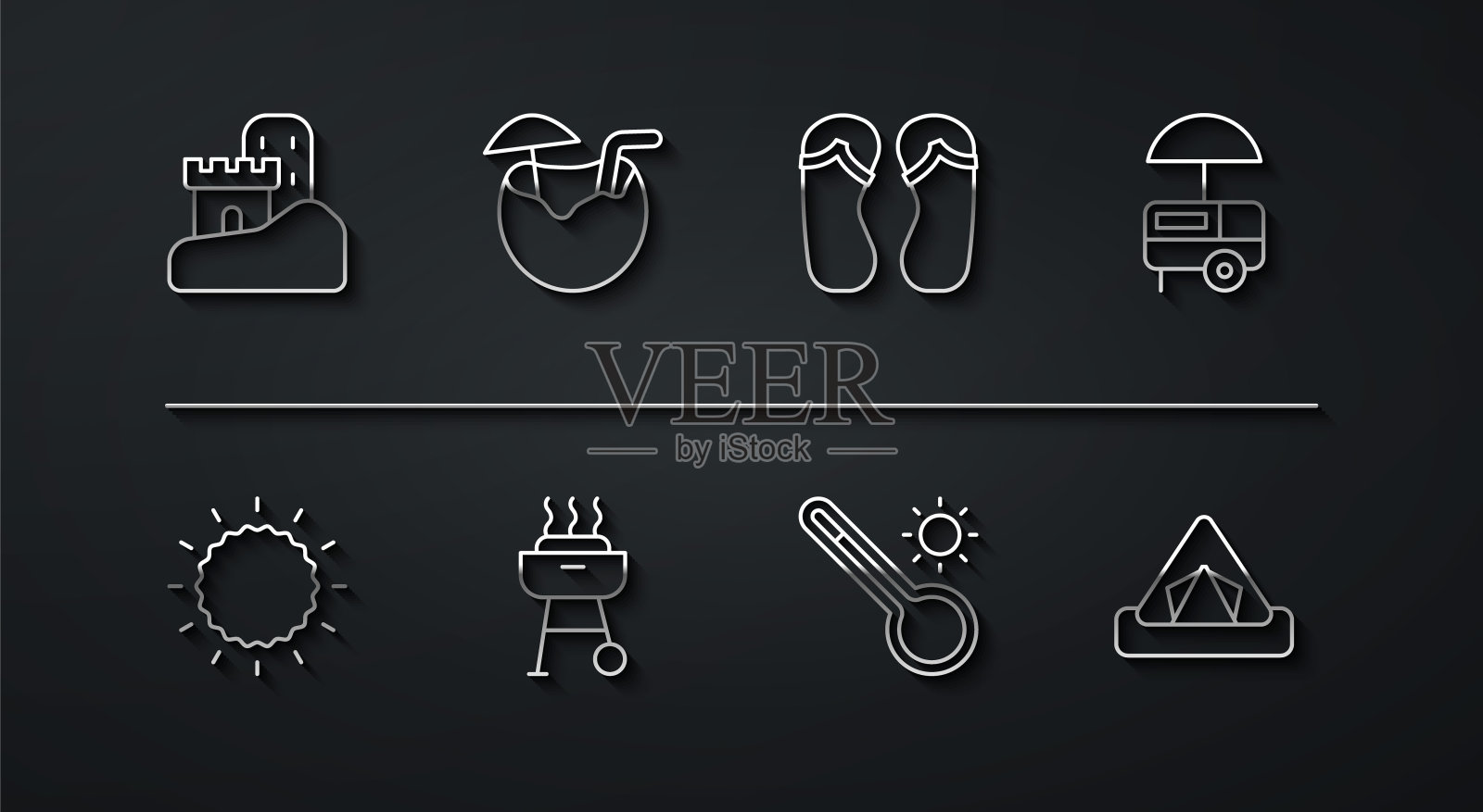 集线沙城堡，太阳，快速街头食品车，气象温度计，烧烤烧烤，椰子鸡尾酒，游客帐篷和人字拖图标。向量图标素材
