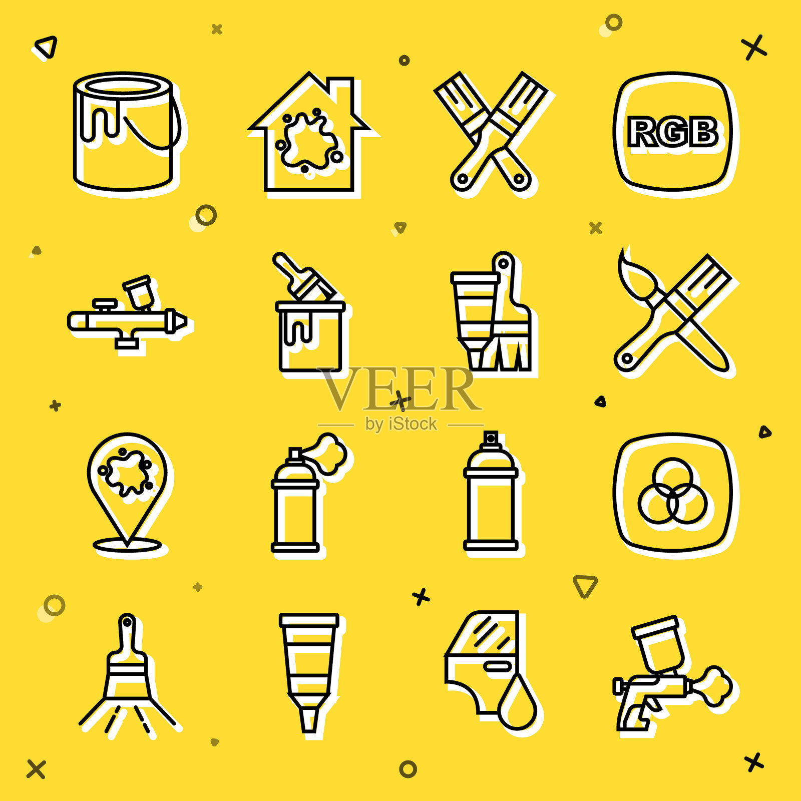 设置线喷漆枪，RGB和CMYK调色，刷，桶与，和管油漆图标。向量图标素材