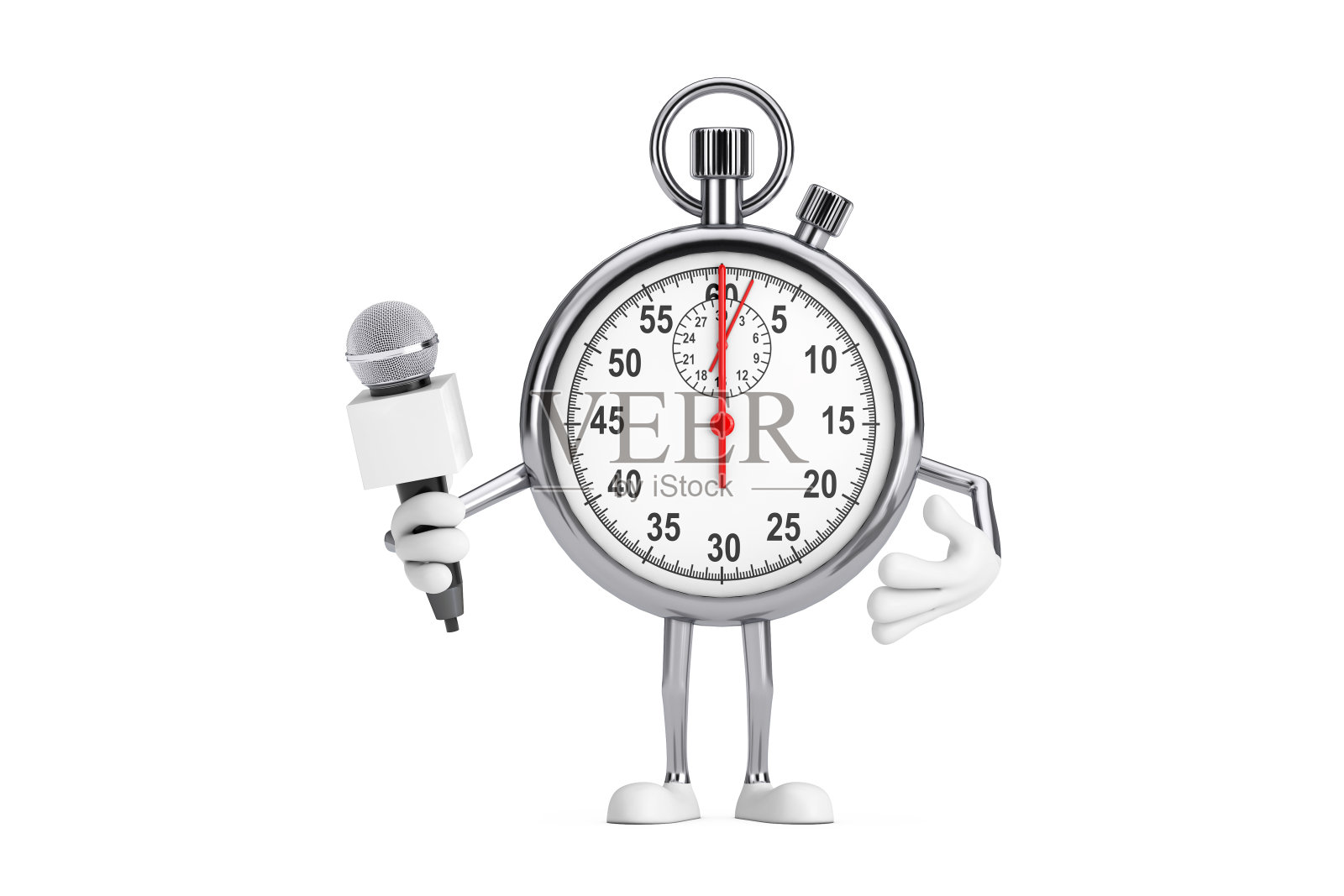 现代秒表卡通人物角色吉祥物与现代Chrome麦克风。3d渲染照片摄影图片