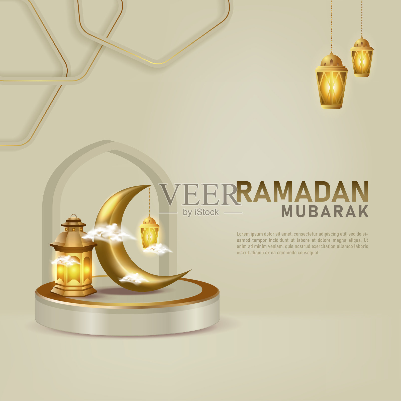金色的月亮和灯笼在讲台上斋月穆巴拉克背景。伊斯兰3d渲染艺术插画图片素材
