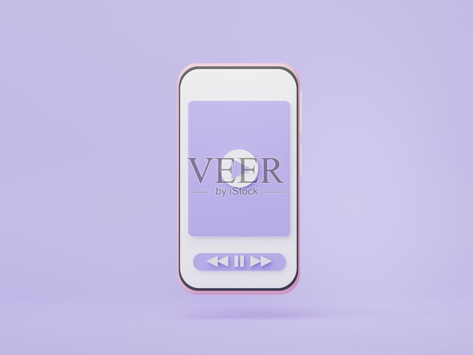 3d渲染最小的智能手机与音频播放器按钮栏在柔和的背景。媒体音乐图标控制。视频音乐概念。网页模拟和横幅。照片摄影图片