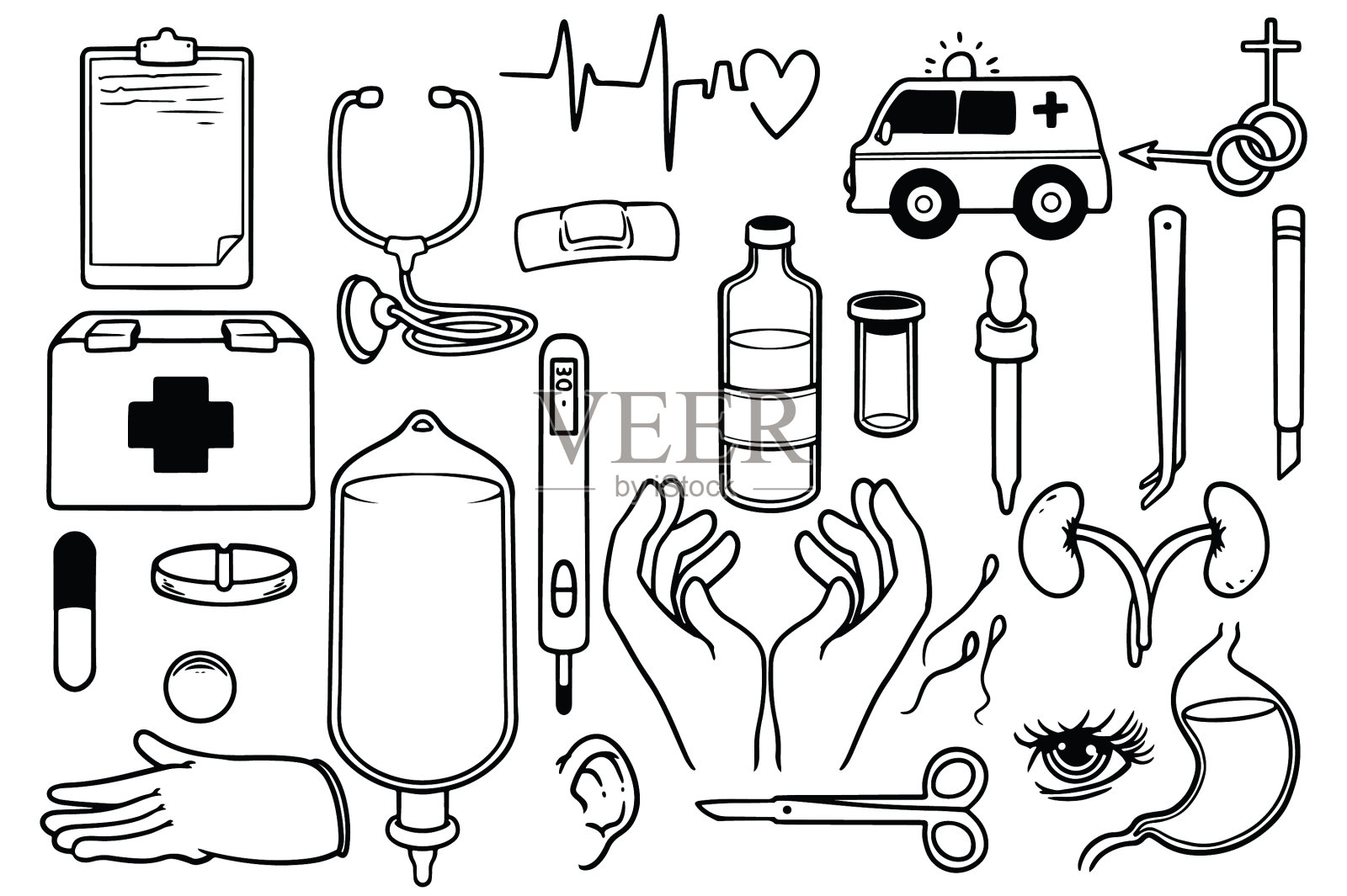 手绘一套医疗器械的东西涂鸦设计元素图片