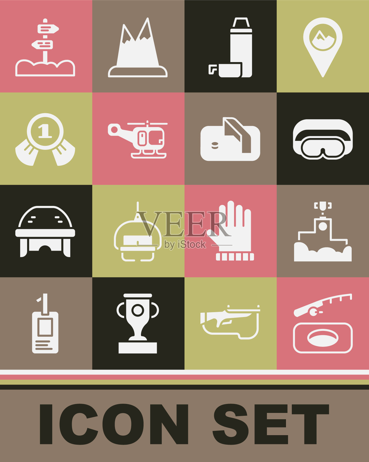 设置冬季钓鱼，获奖者领奖台，滑雪护目镜，保温瓶容器，救援直升机，奖章，道路交通路标和冰球目标图标。向量图标素材