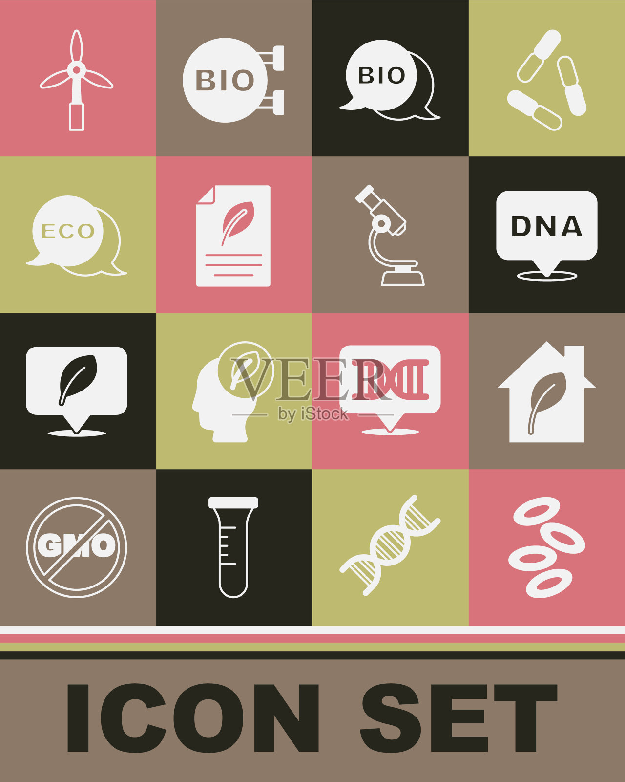 设置血红蛋白，生态友好的房子，DNA符号，生物健康食品，带叶子的纸，生态标签，风力发电机和显微镜图标。向量图标素材
