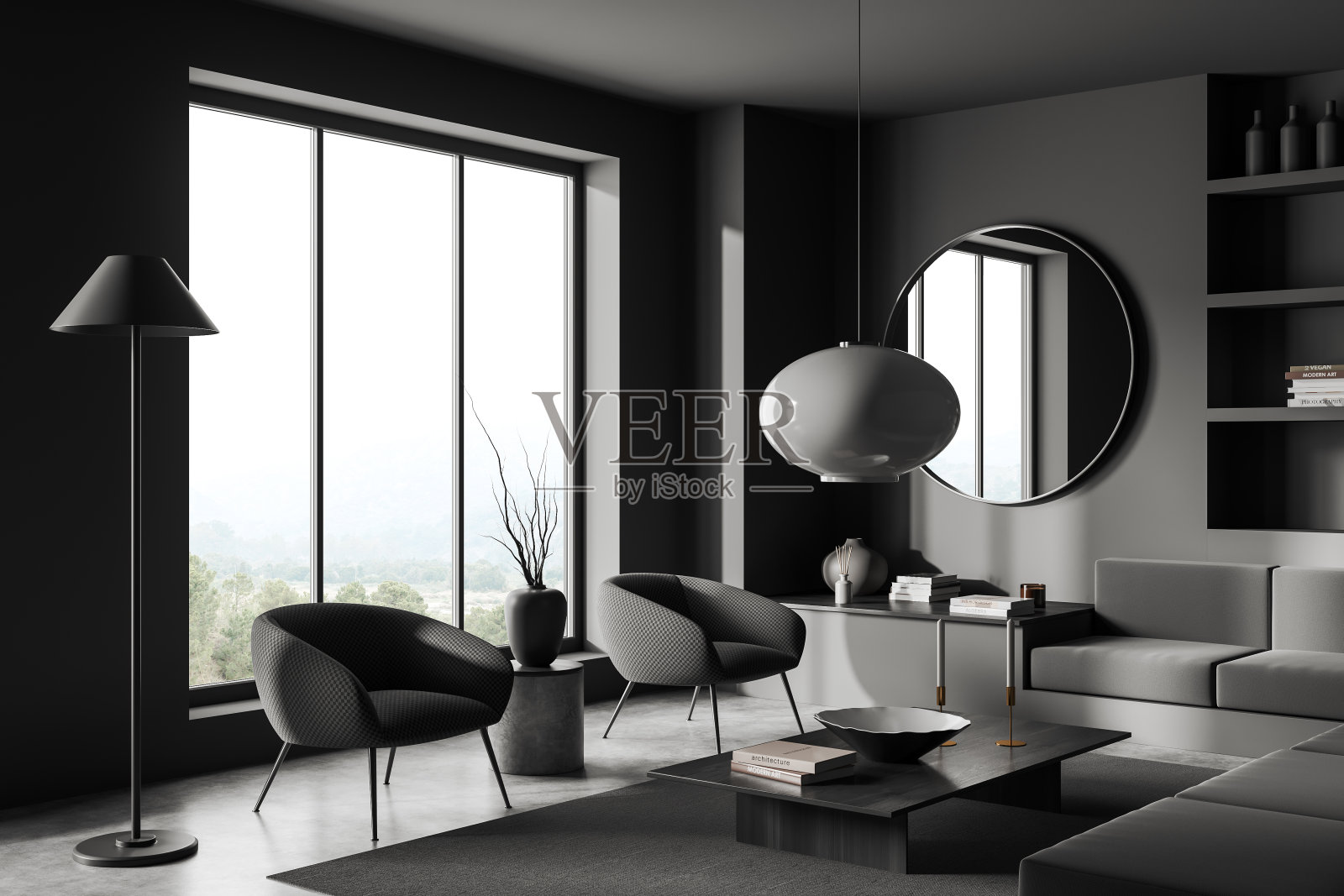 灰色的客厅内部有扶手椅和沙发，带窗户的架子照片摄影图片