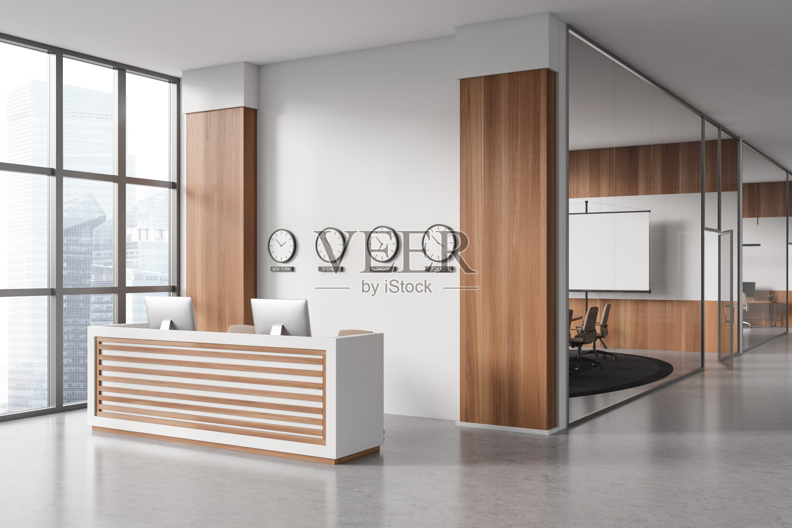 轻质办公室内部设有接待和会议区。模型项目屏幕照片摄影图片