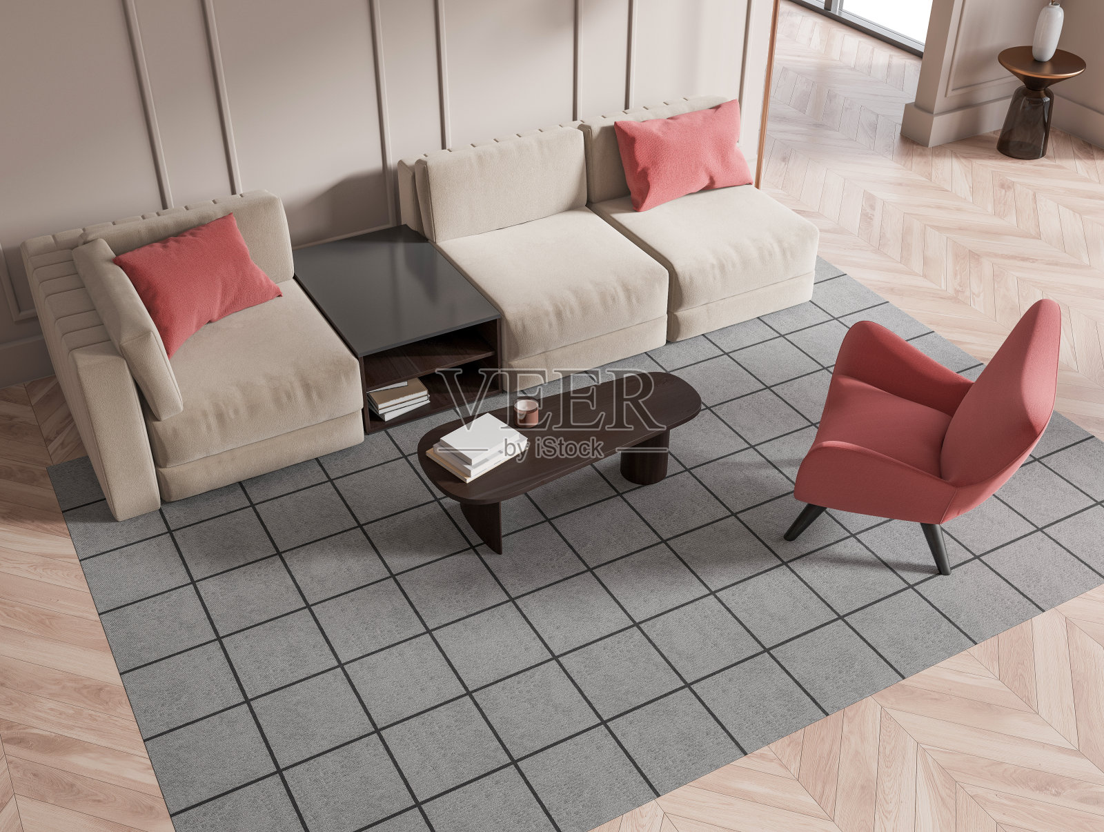 深色客厅内部米黄色墙壁的俯视图照片摄影图片