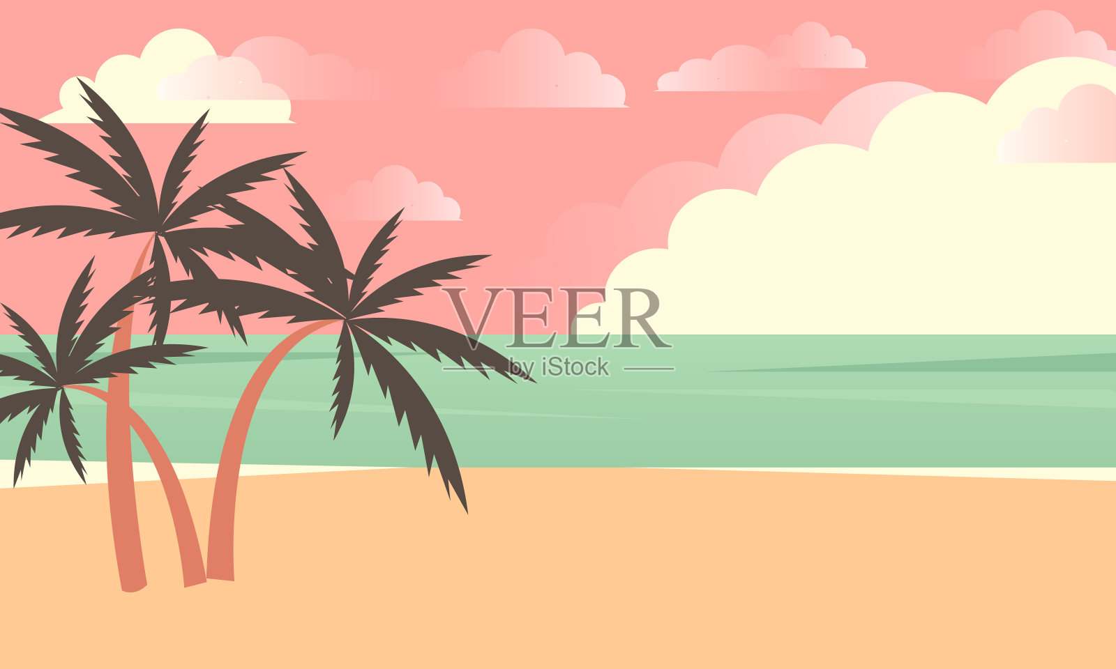 热带夏季海滩，棕榈树和粉红色的天空。海滨景观，热带海滩休闲或海滨景观。插画图片素材