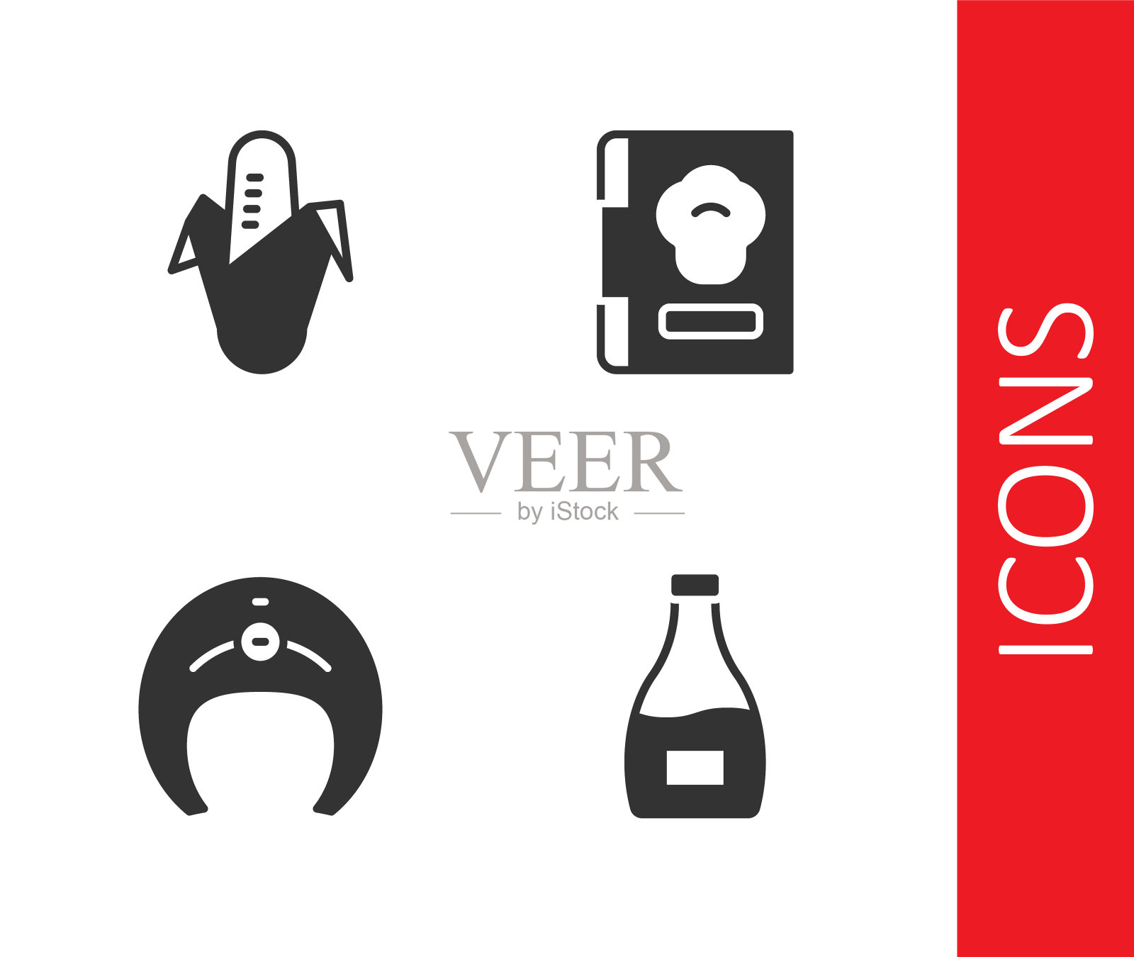 设置酱瓶，玉米，鱼排和食谱图标。向量图标素材