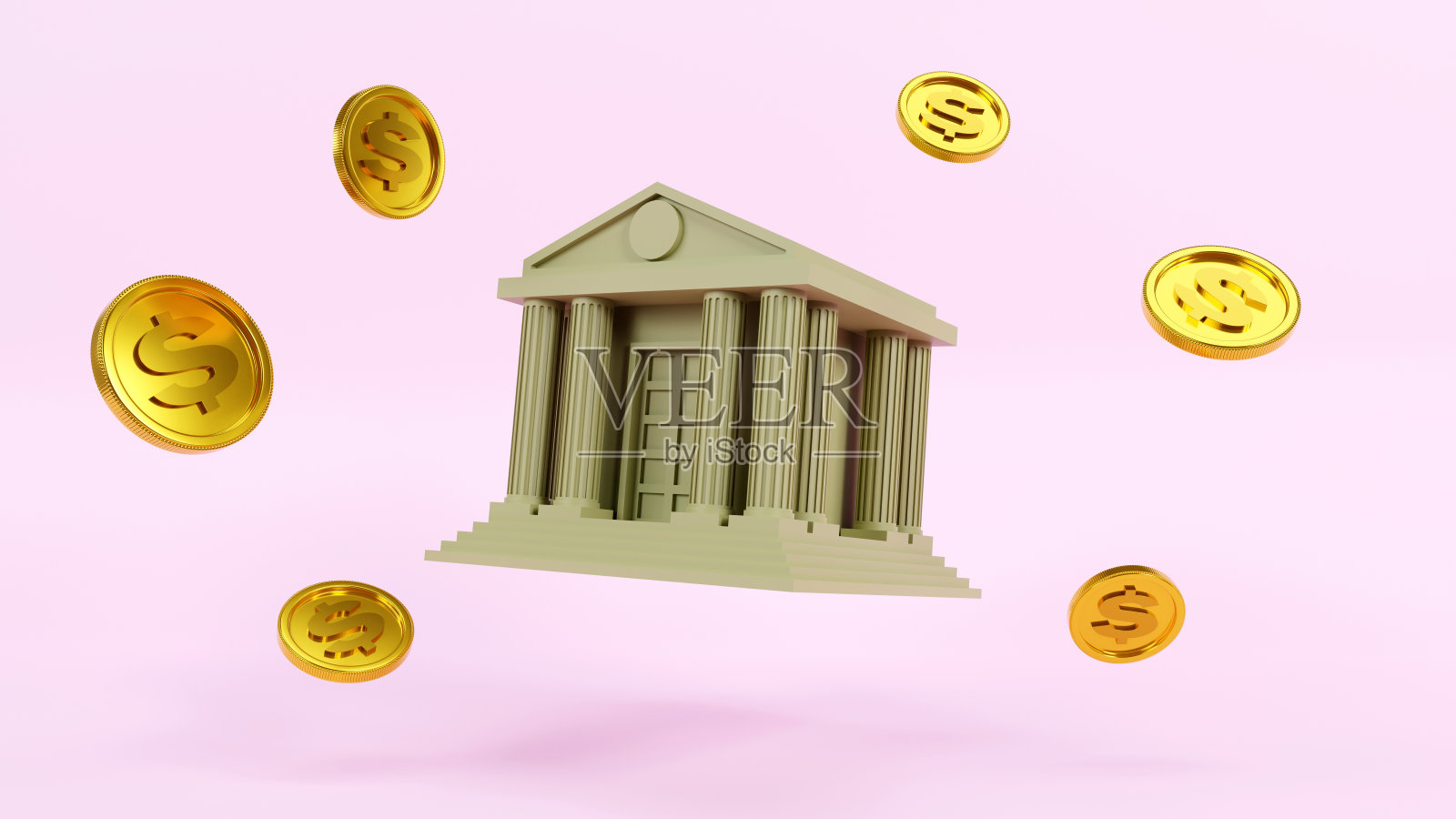 三维渲染网上银行图标符号和硬币漂浮在颜色背景上照片摄影图片