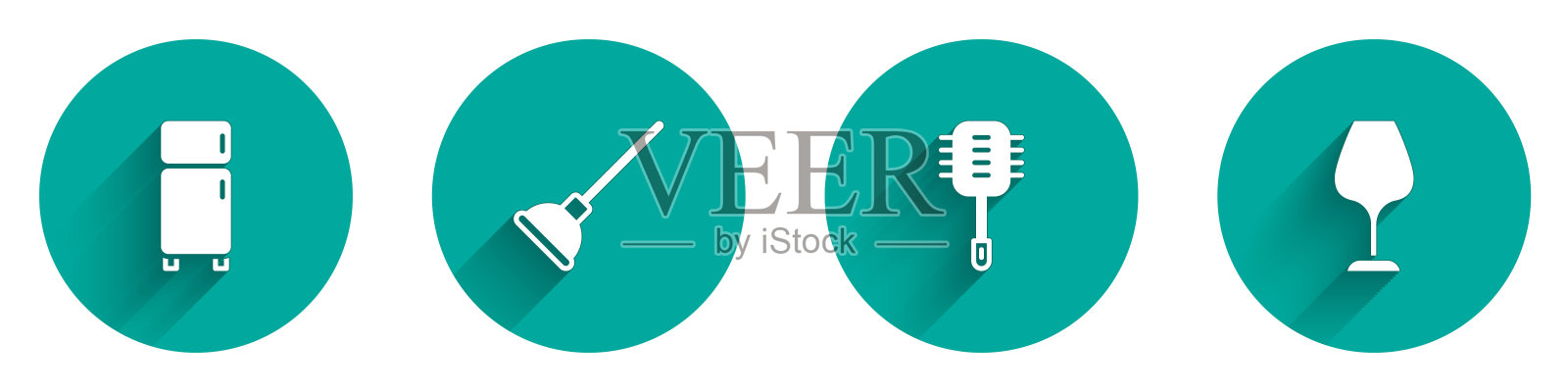 设置冰箱，橡胶柱塞，马桶刷和酒杯图标与长阴影。向量插画图片素材