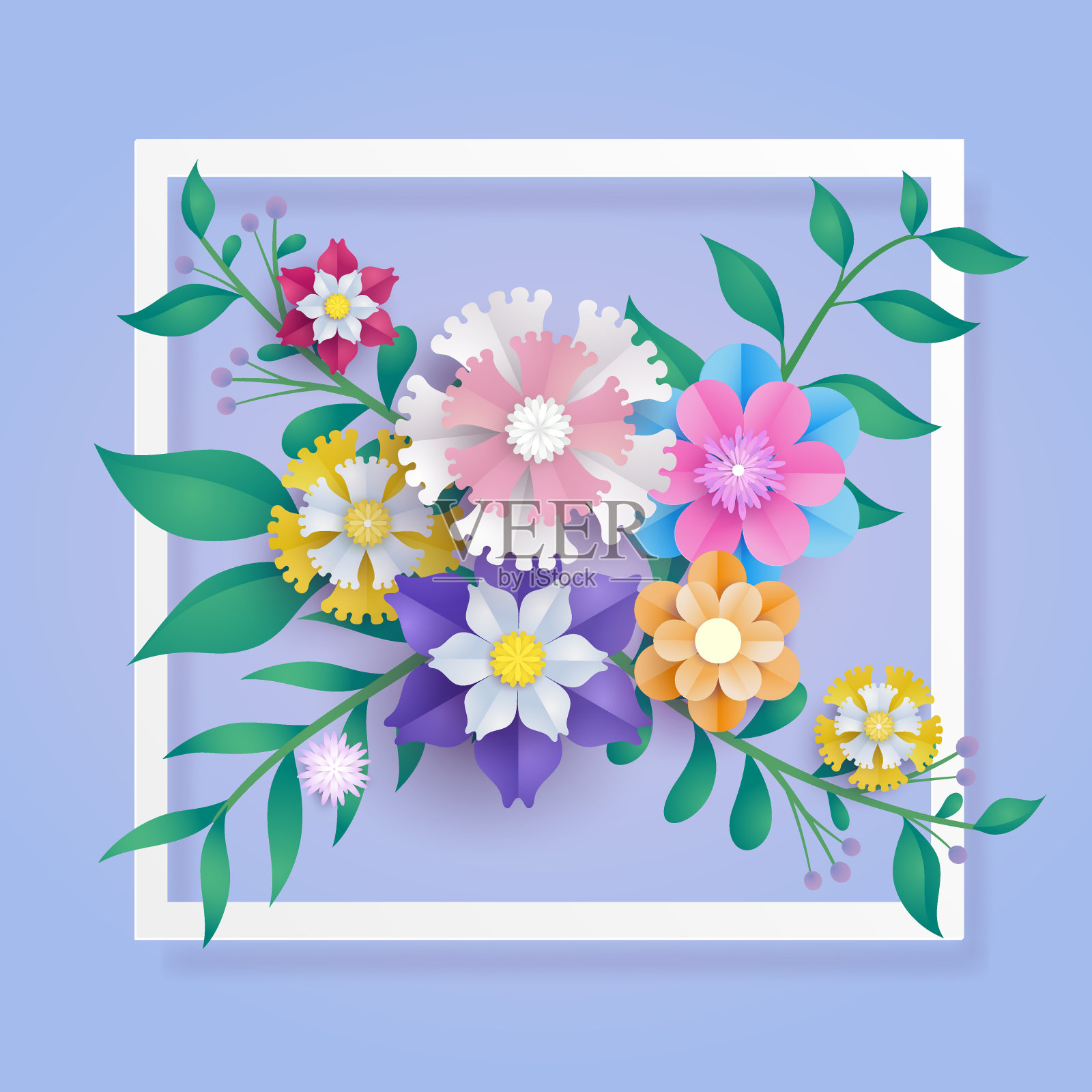 花剪纸剪纸在矢量艺术设计与现实的阴影在柔和的颜色基调。用于杂志、网页、商场招牌等添加文字标签的框架或空间。插画图片素材