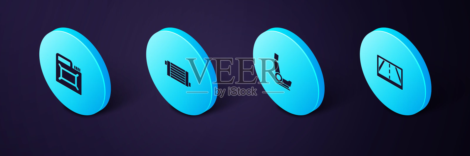 设置等距Gps装置，地图，汽车座椅，散热器冷却系统和机油罐图标。向量图标素材