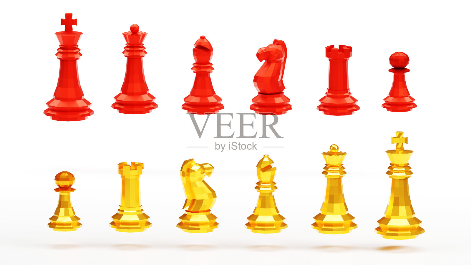 集合所有棋子在红色和金色的白色背景，3D渲染照片摄影图片