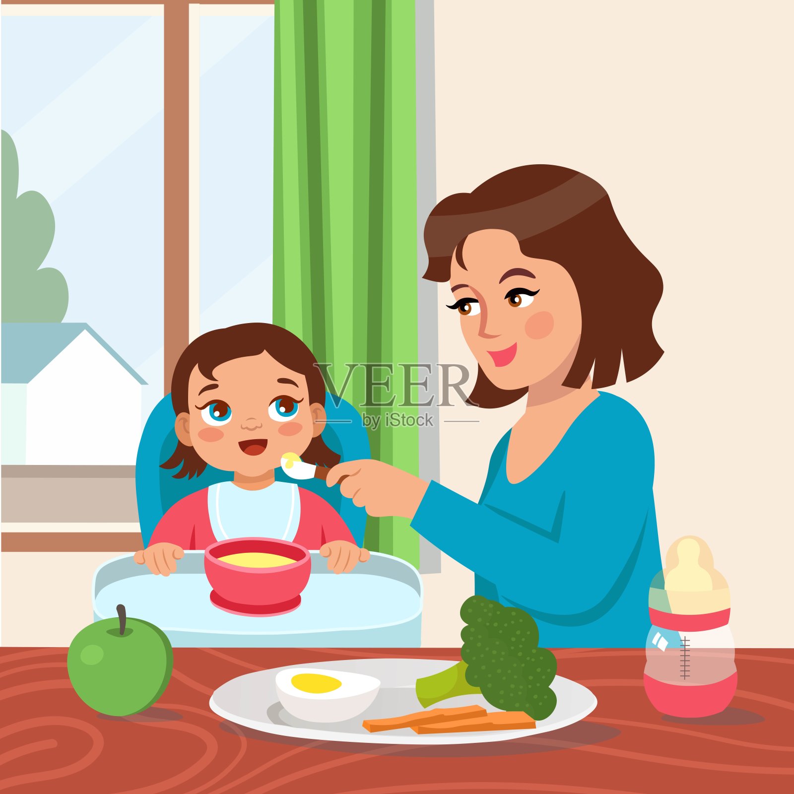 Mother feeds the child. Child learning to eat with a spoon. Feeding baby porridge sitting on a chair. Ð¡artoon style illustration.插画图片素材