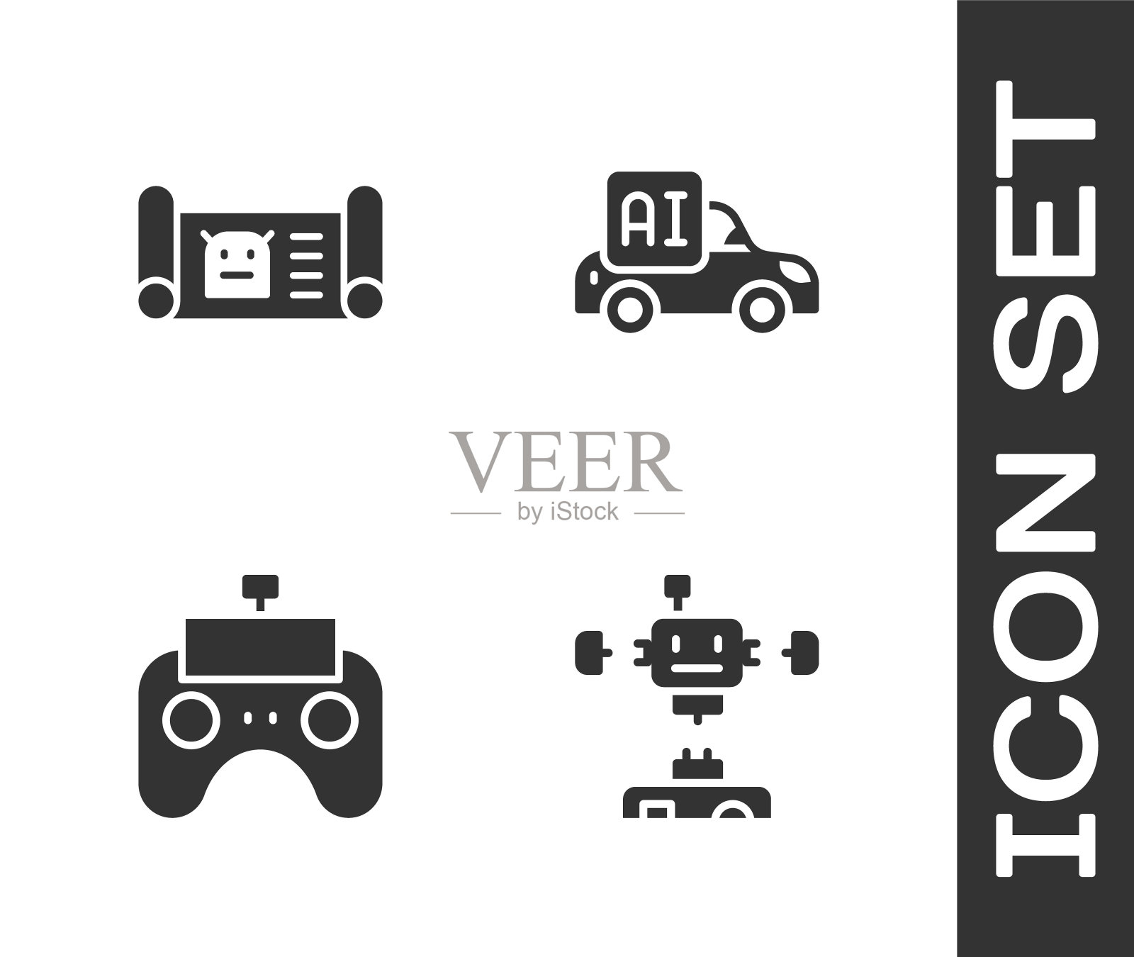 设置拆卸机器人，机器人蓝图，遥控和自动驾驶智能汽车图标。向量图标素材