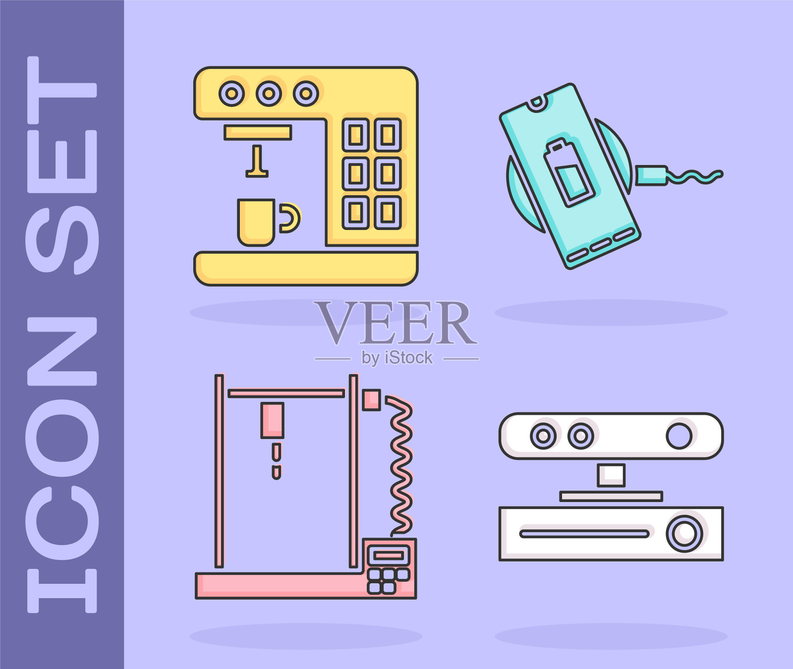 设置运动传感器，咖啡机，3D打印机和无线充电器图标。向量图标素材