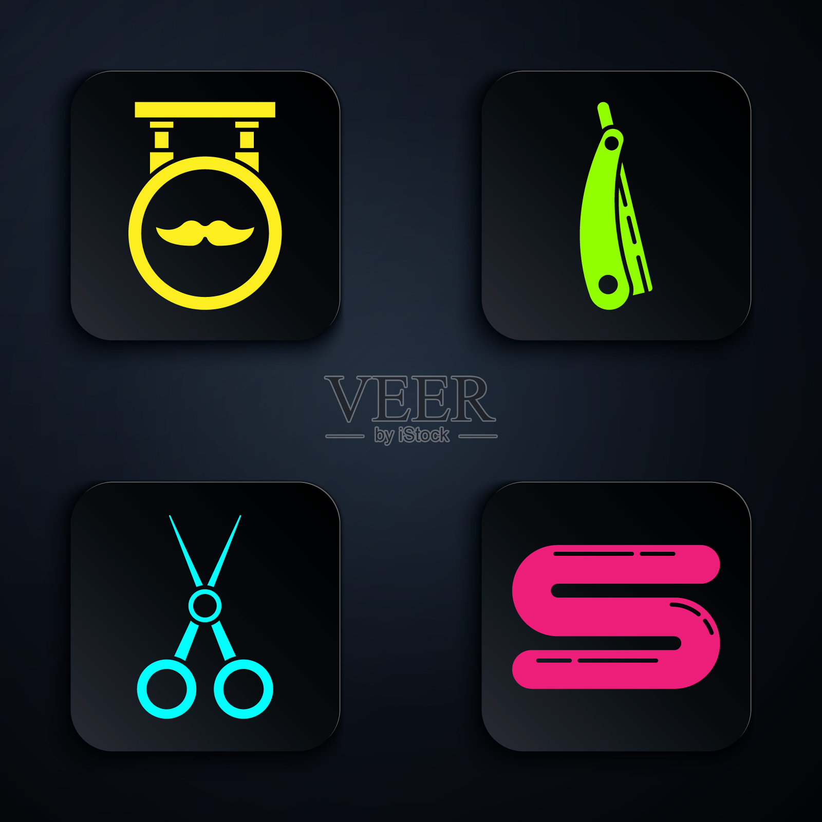 集毛巾，理发店，剪刀理发师和直剃刀。黑色方形按钮。向量插画图片素材