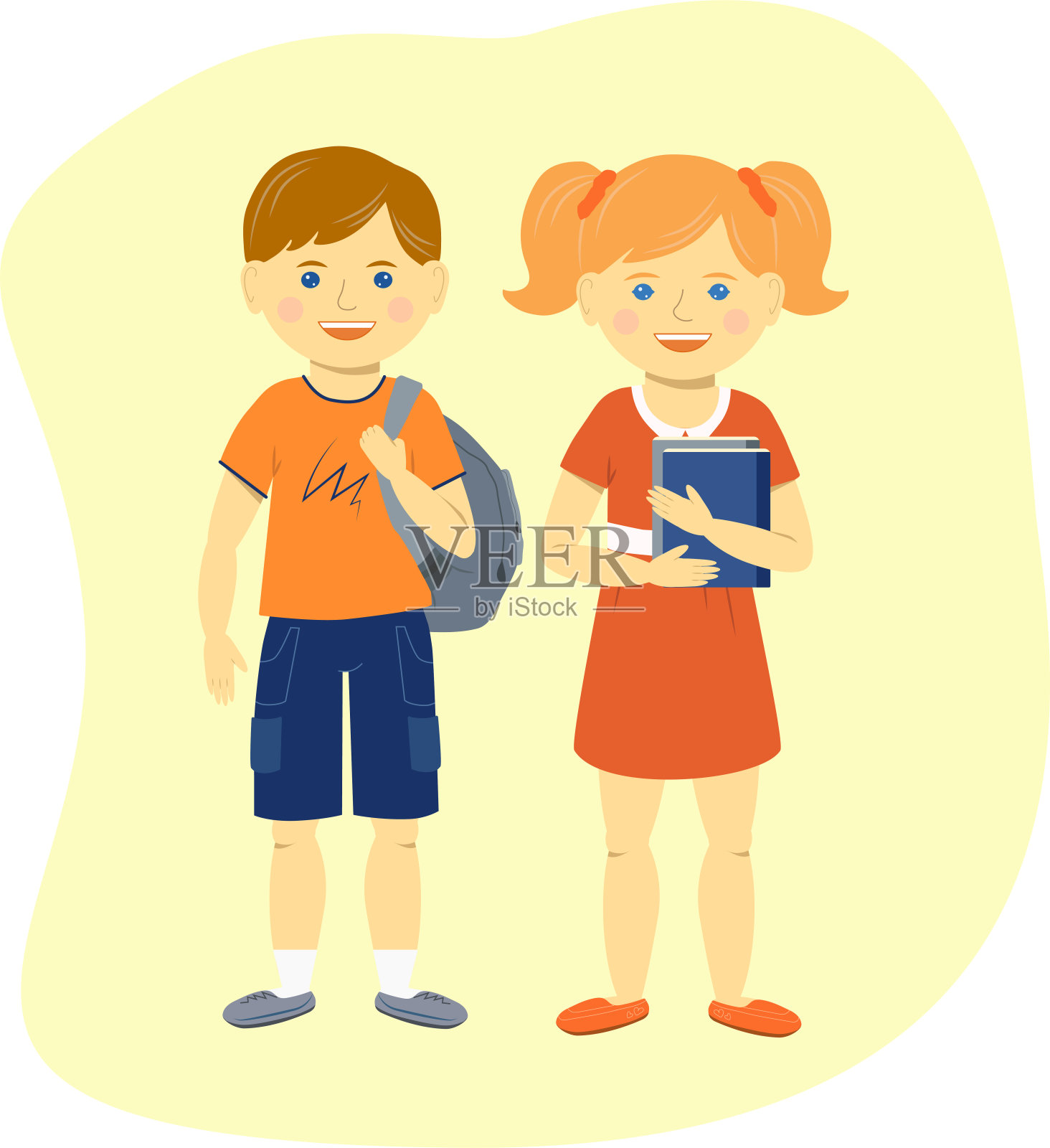 一个男孩背着书包，穿着橙色t恤和蓝色短裤，一个女孩拿着书，穿着深橙色裙子，准备去上学。插画图片素材
