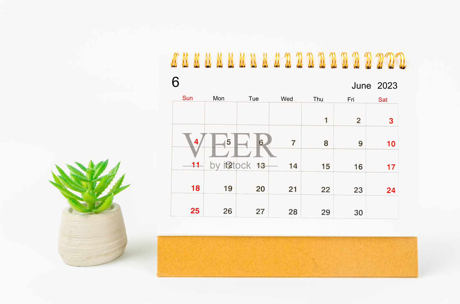 2023年6月的2023年月台历，白色背景上孤立的花盆。照片摄影图片