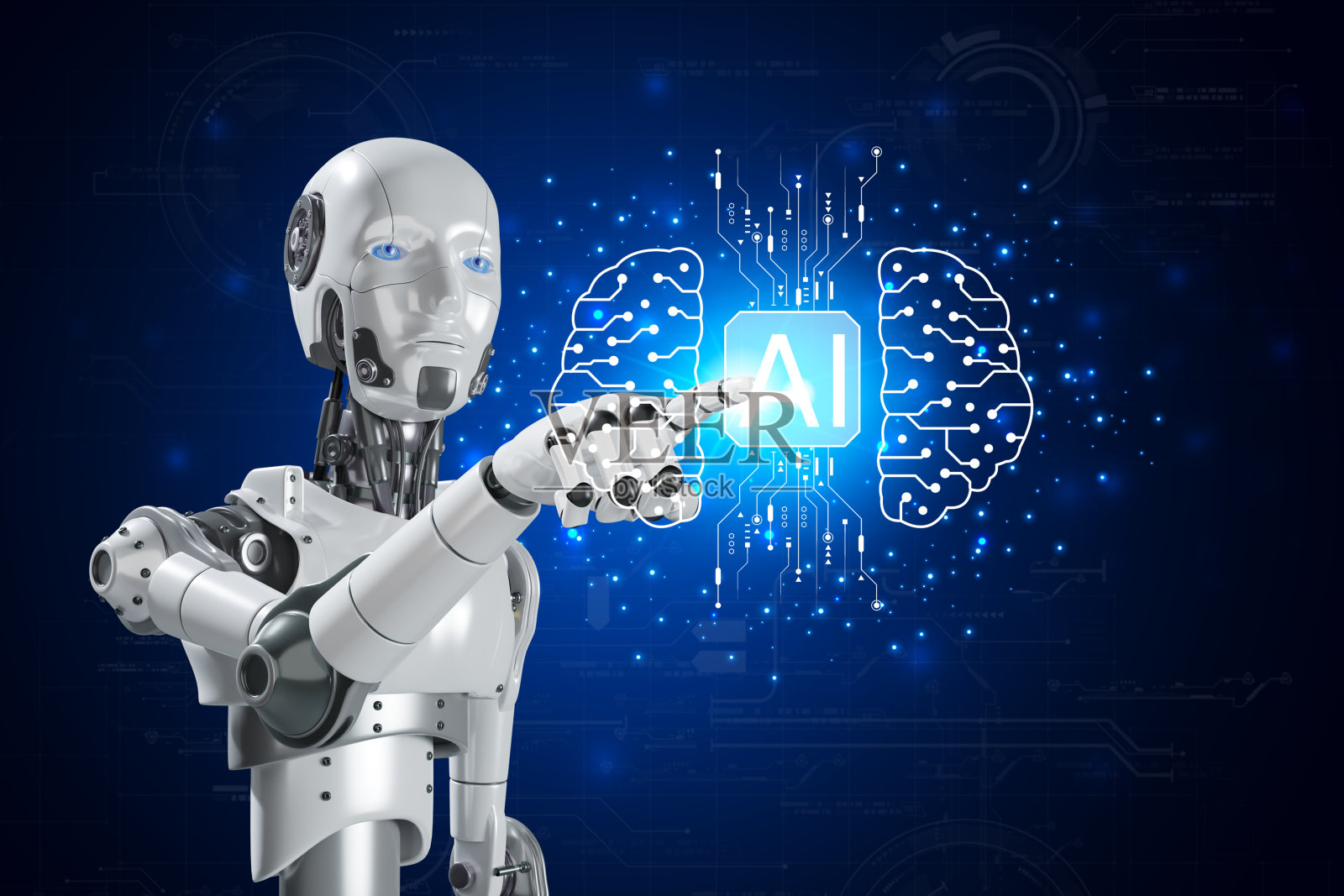 人工智能。技术智能机器人AI，人工智能通过输入命令提示符进行生成，实现未来技术的改造。照片摄影图片