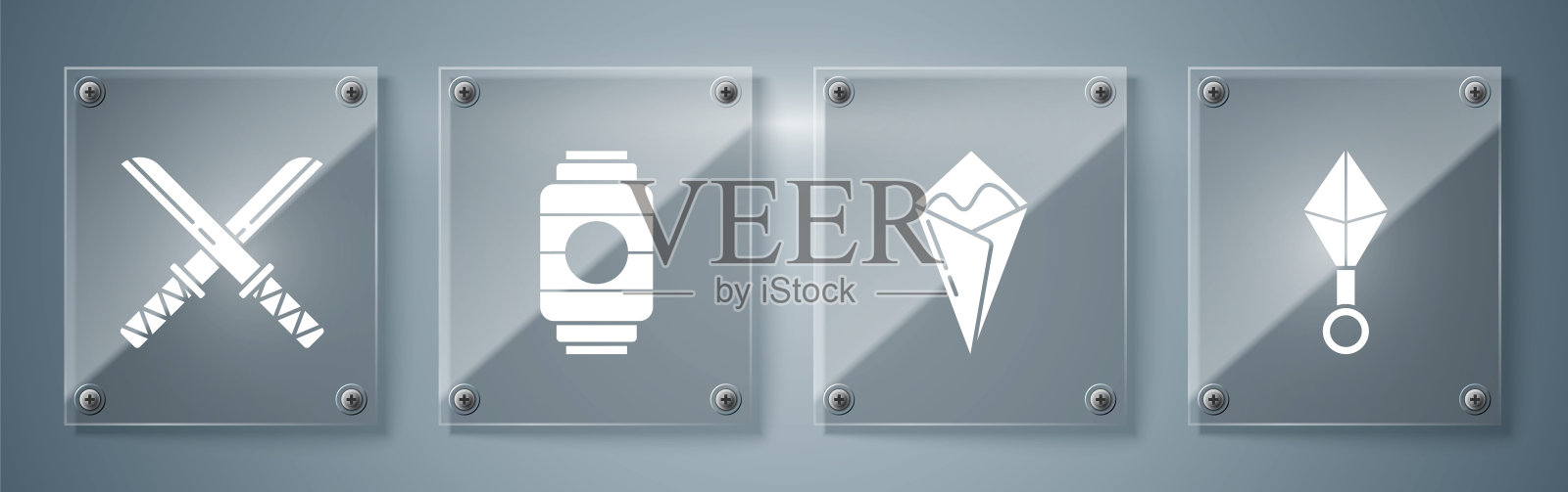 设置日本忍者飞镖，铁面卷，日本纸灯笼和日本传统武士刀。方形玻璃面板。向量插画图片素材