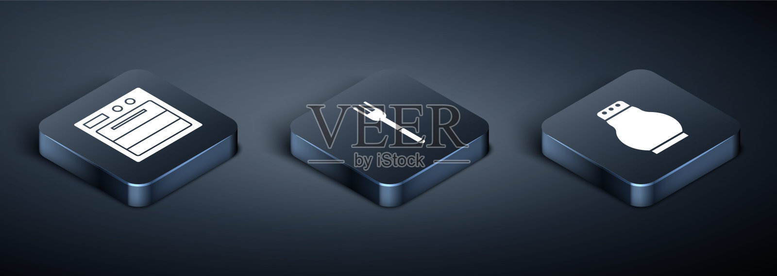 设置等距烤箱，盐和胡椒和叉子图标。向量插画图片素材