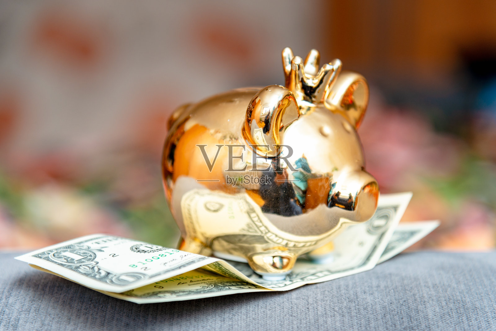 金色的存钱罐，金色的皇冠和美元在家里模糊的背景。现金为王的概念形象。照片摄影图片