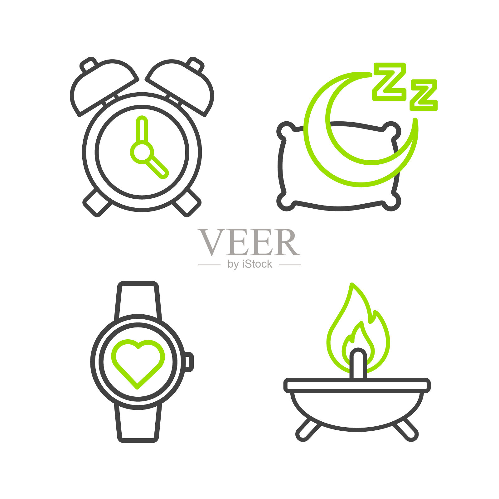 设置行香气蜡烛，智能手表，时间睡觉和闹钟图标。向量图标素材