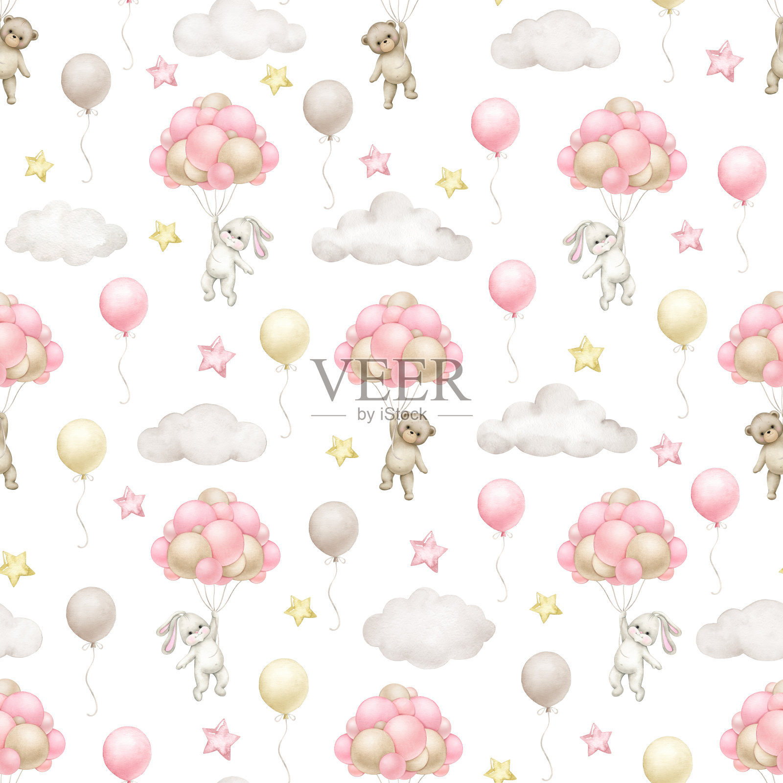 水彩无缝图案。泰迪熊，带着粉色气球的兔子。插画图片素材
