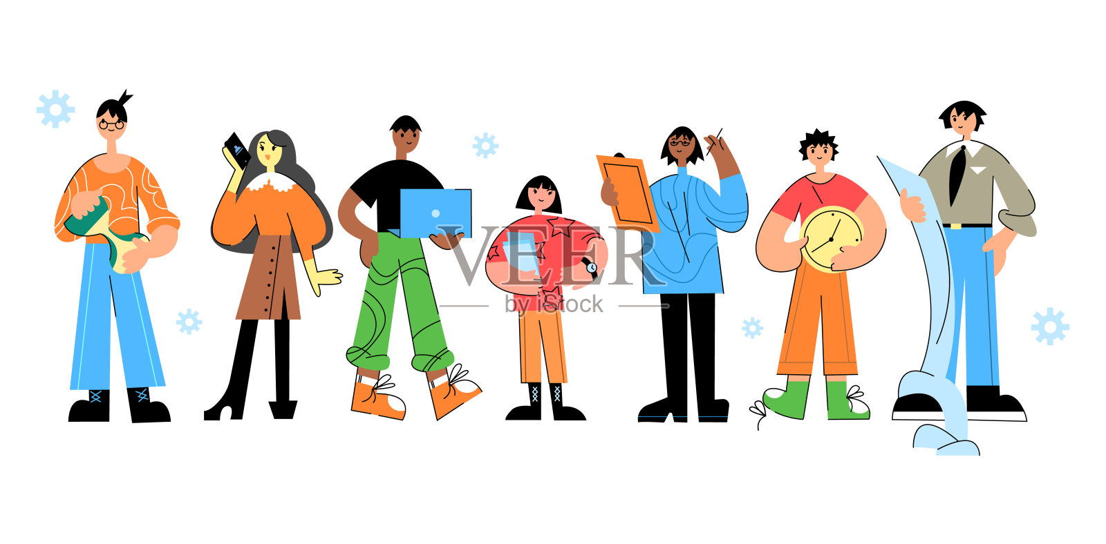 一组卡通人物做不同的任务和活动插画图片素材