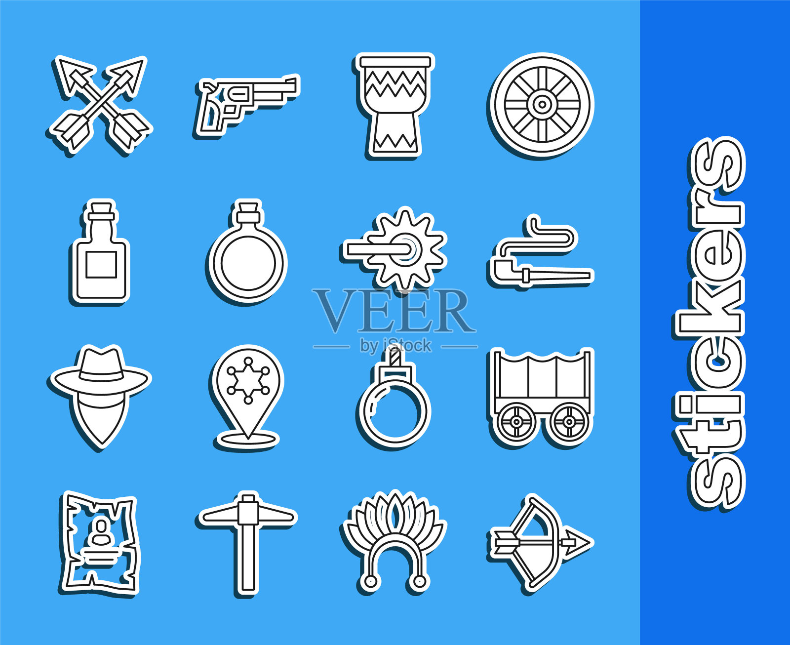 集线弓箭在箭袋，狂野西部覆盖的马车，吸烟烟斗，鼓，水壶，龙舌兰酒，交叉箭头和马刺图标。向量插画图片素材