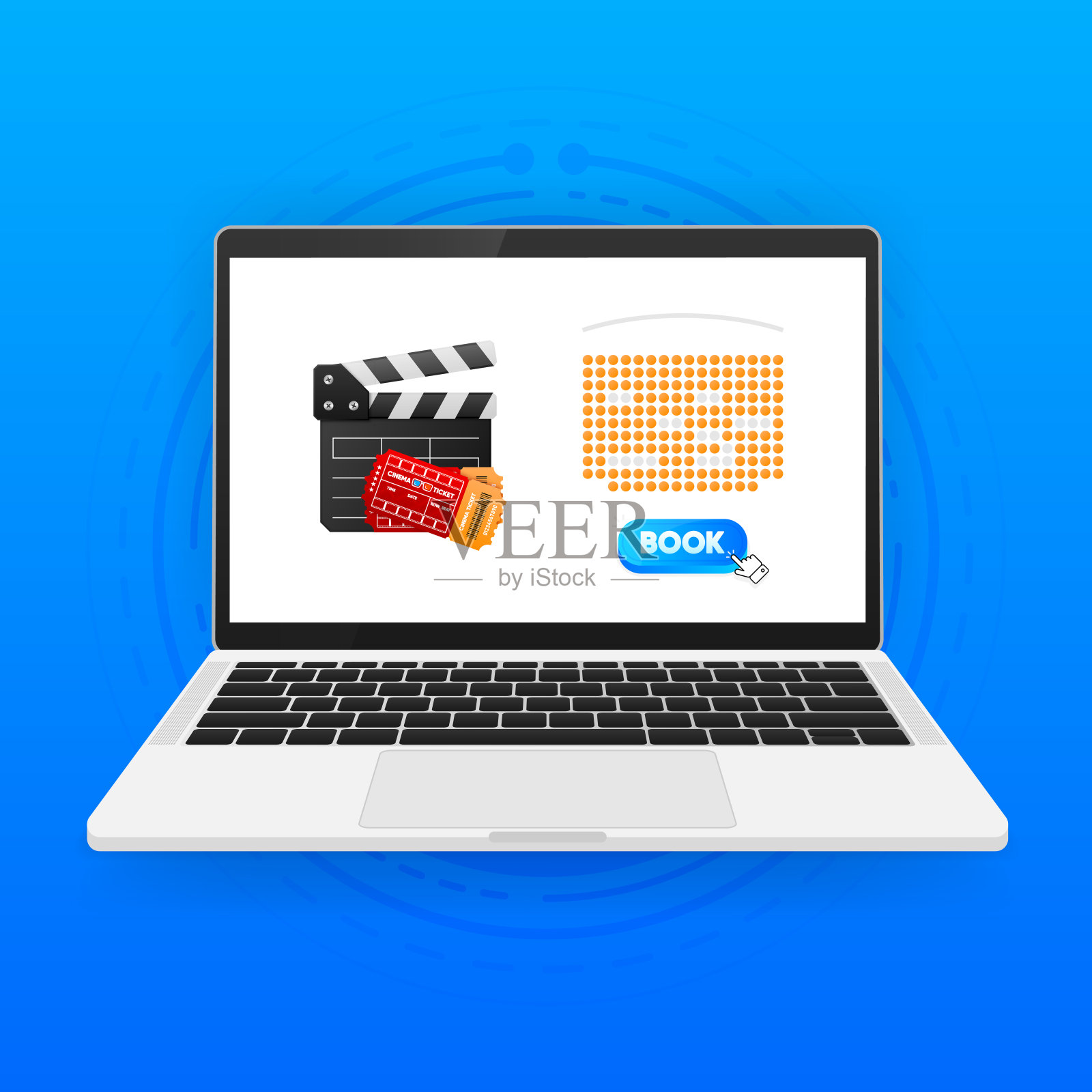 现在预订电影票。笔记本电脑的概念，网上电影院票订购。电影院的座位选择屏幕。应用程序的平面UI。矢量插图。插画图片素材